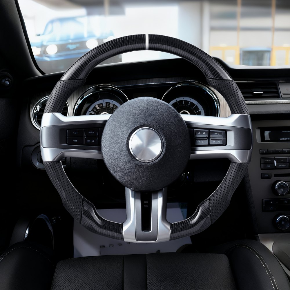 VEVOR Steering Wheel for 2010-2014 Ford Mustang, Carbon Fiber Steering Wheel D-Shaped Flat-Bottom, Leather Grip with Non-Slip Texture & Precise Stitching, Accessories Replacement for Mustang, Black