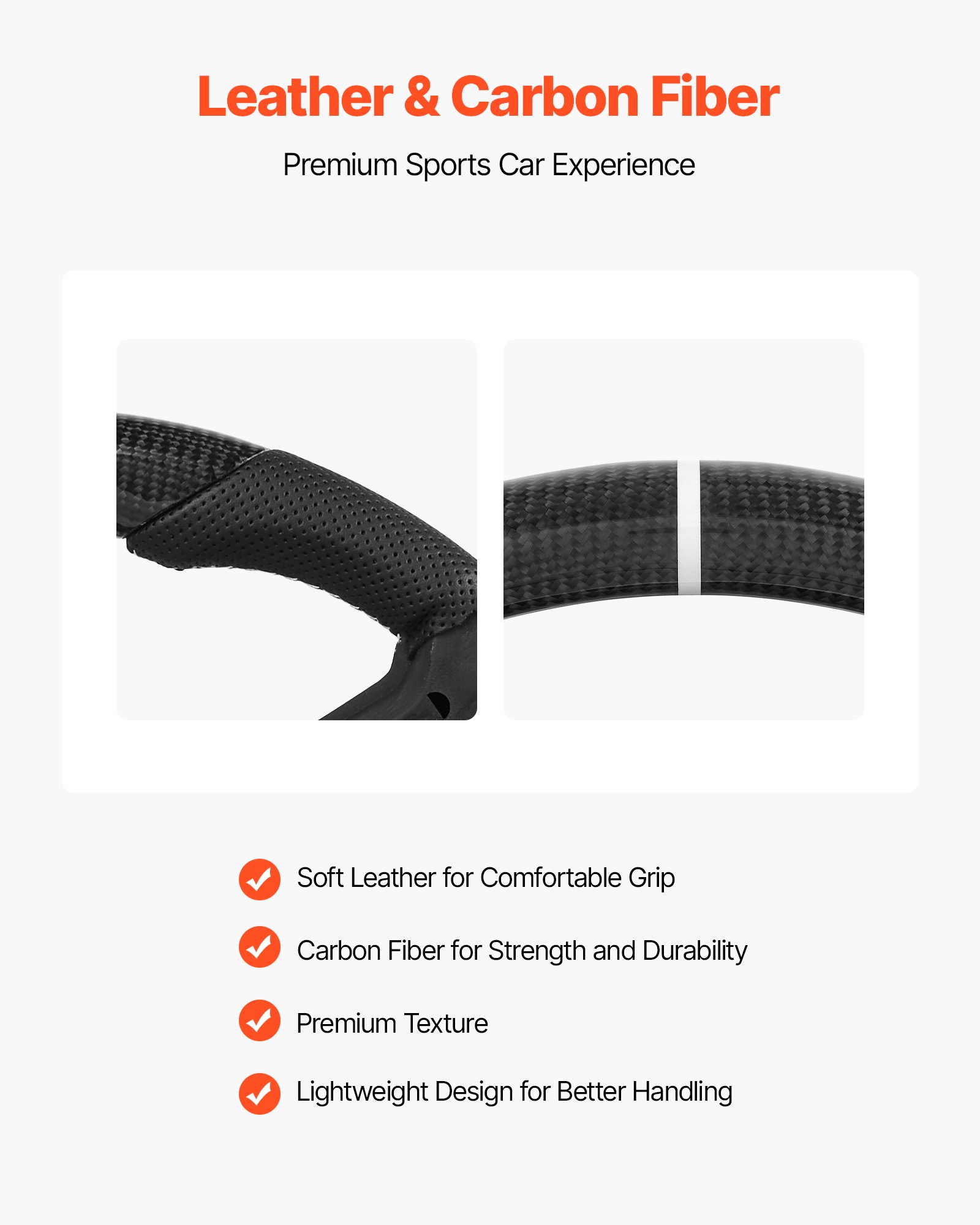 VEVOR Steering Wheel for 2010-2014 Ford Mustang, Carbon Fiber Steering Wheel D-Shaped Flat-Bottom, Leather Grip with Non-Slip Texture & Precise Stitching, Accessories Replacement for Mustang, Black