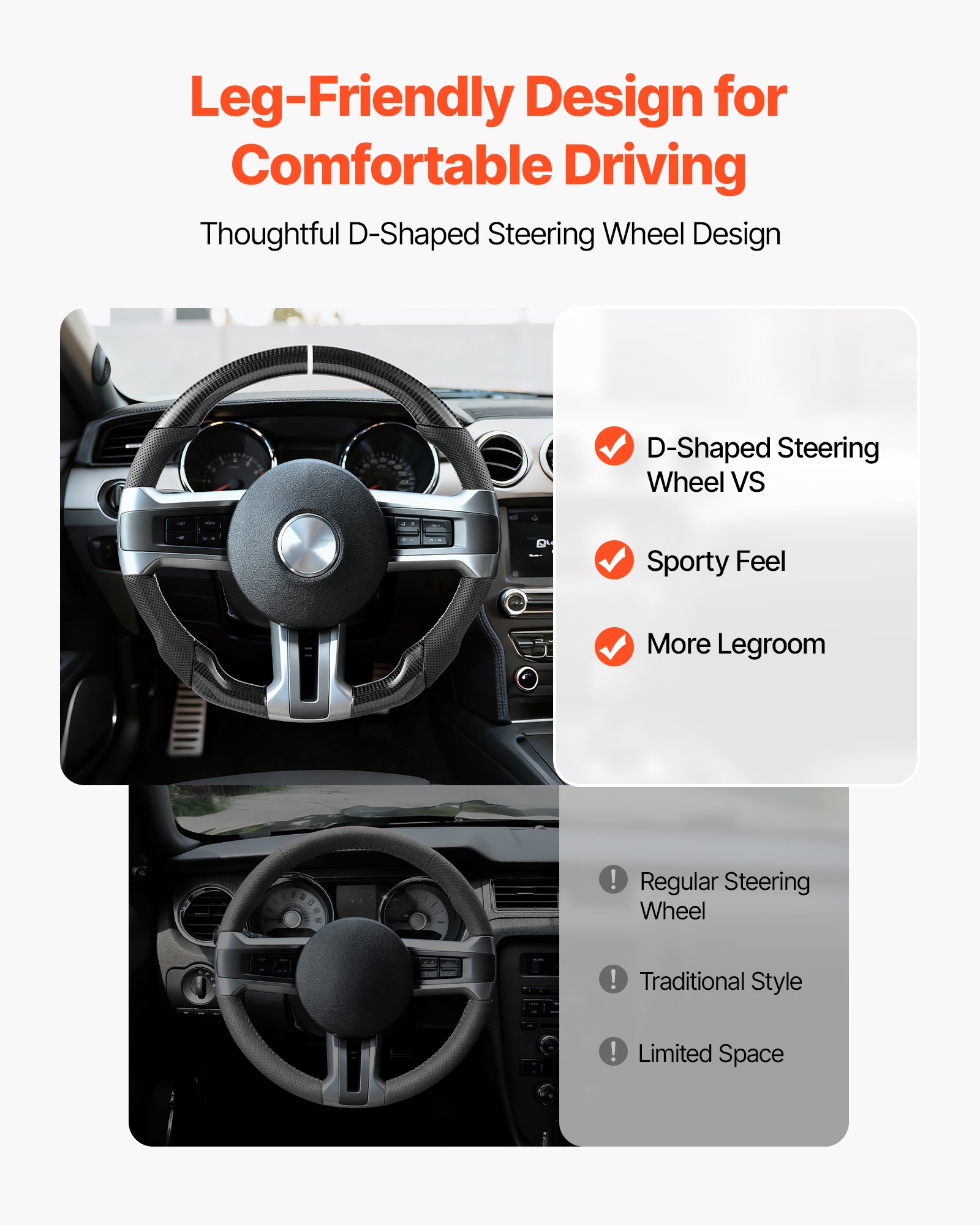 VEVOR Steering Wheel for 2010-2014 Ford Mustang, Carbon Fiber Steering Wheel D-Shaped Flat-Bottom, Leather Grip with Non-Slip Texture & Precise Stitching, Accessories Replacement for Mustang, Black