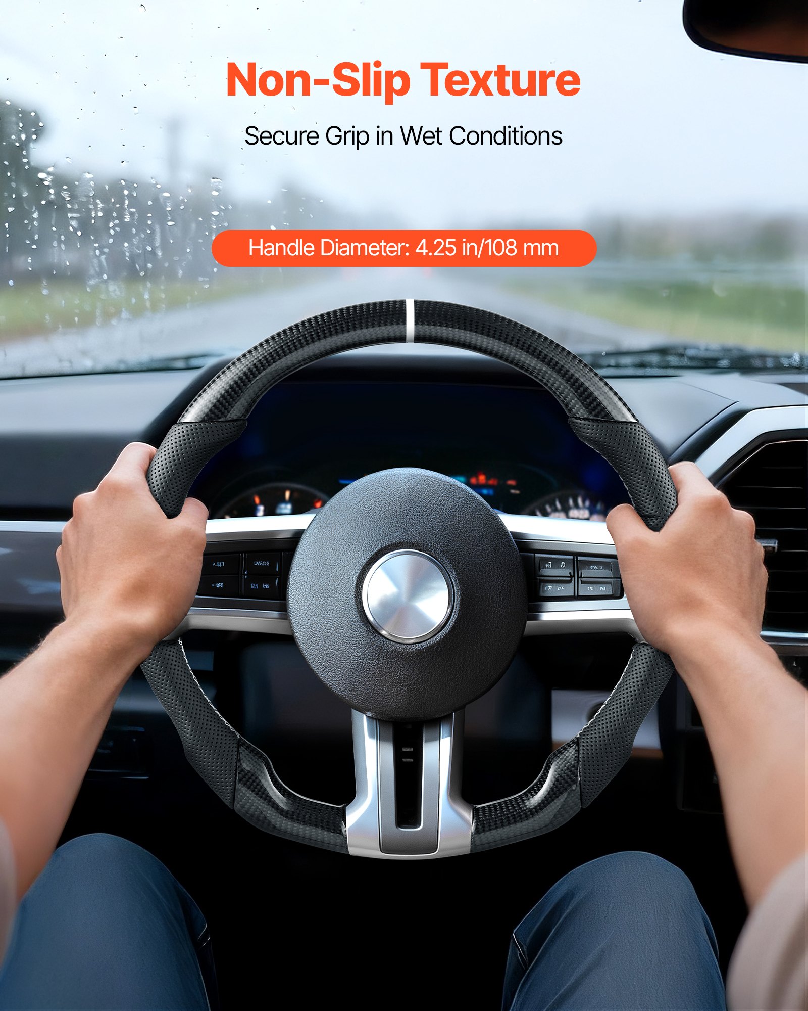 VEVOR Steering Wheel for 2010-2014 Ford Mustang, Carbon Fiber Steering Wheel D-Shaped Flat-Bottom, Leather Grip with Non-Slip Texture & Precise Stitching, Accessories Replacement for Mustang, Black