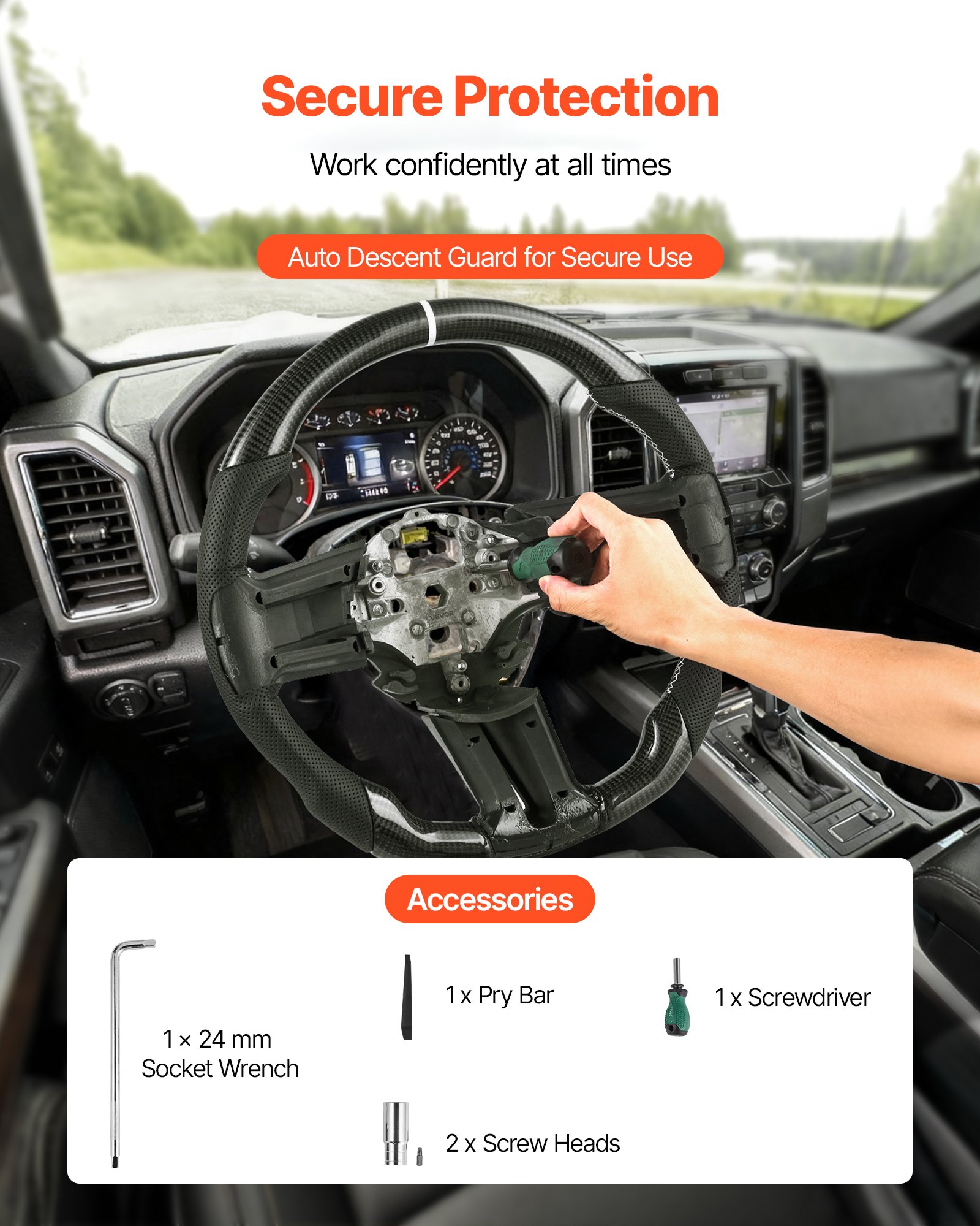 VEVOR Steering Wheel for 2010-2014 Ford Mustang, Carbon Fiber Steering Wheel D-Shaped Flat-Bottom, Leather Grip with Non-Slip Texture & Precise Stitching, Accessories Replacement for Mustang, Black