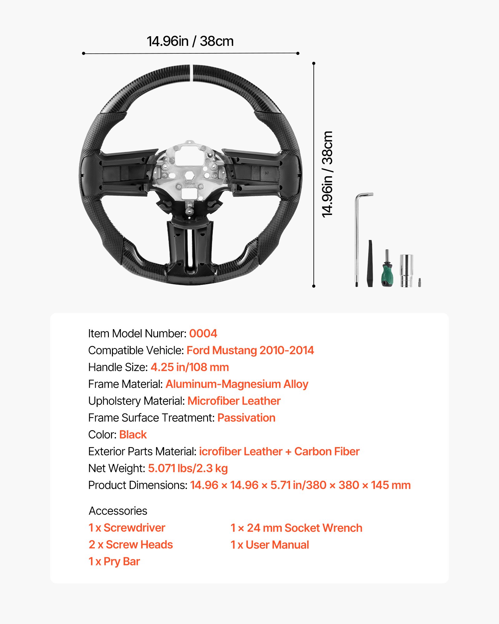 VEVOR Steering Wheel for 2010-2014 Ford Mustang, Carbon Fiber Steering Wheel D-Shaped Flat-Bottom, Leather Grip with Non-Slip Texture & Precise Stitching, Accessories Replacement for Mustang, Black