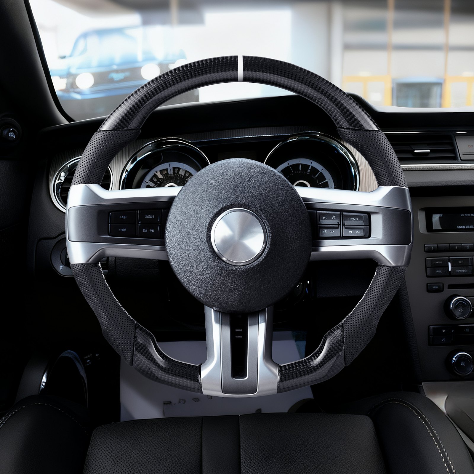 VEVOR Steering Wheel for 2010-2014 Ford Mustang, Carbon Fiber Steering Wheel D-Shaped Flat-Bottom, Leather Grip with Non-Slip Texture & Precise Stitching, Accessories Replacement for Mustang, Black