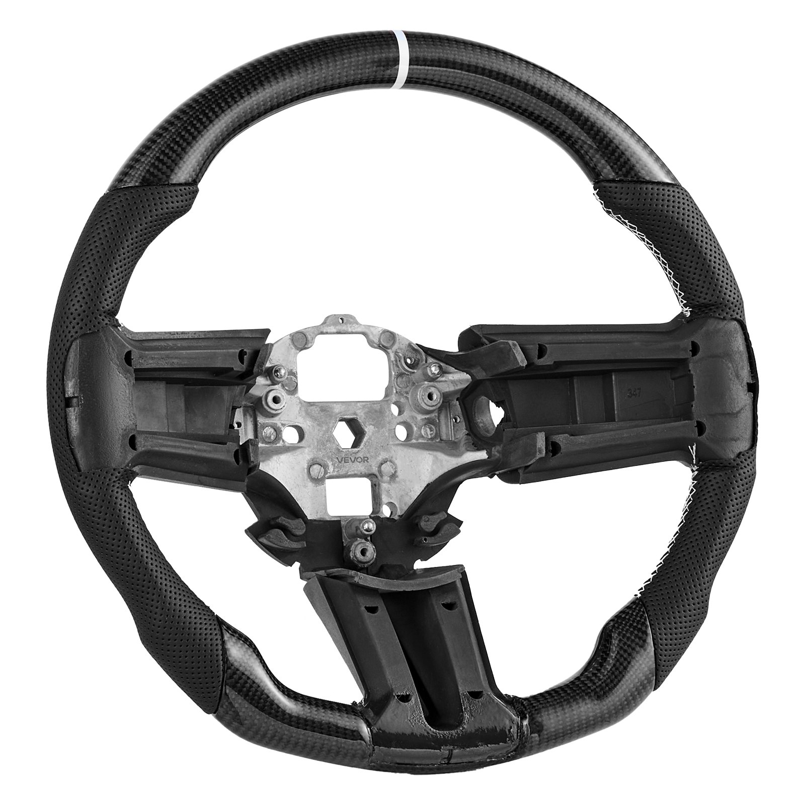 VEVOR Steering Wheel for 2010-2014 Ford Mustang, Carbon Fiber Steering Wheel D-Shaped Flat-Bottom, Leather Grip with Non-Slip Texture & Precise Stitching, Accessories Replacement for Mustang, Black