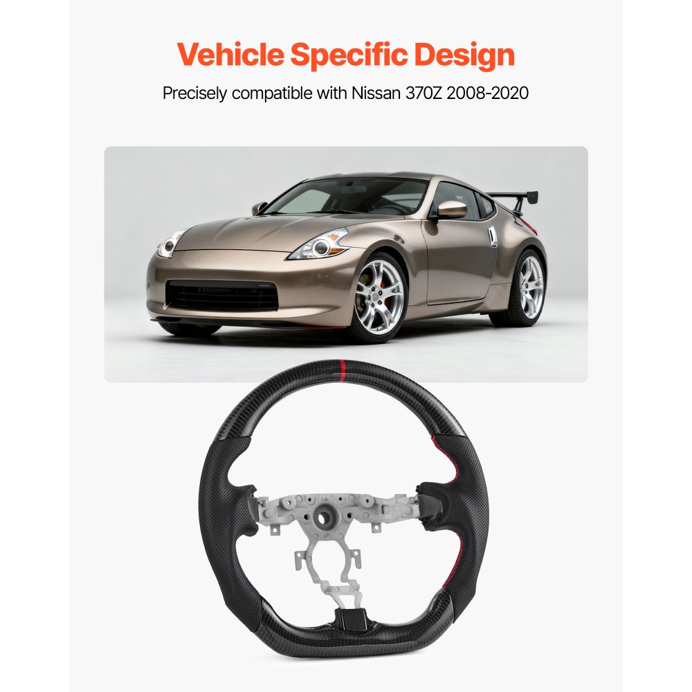 VEVOR Steering Wheel for 2008-2020 Nissan 370Z, Carbon Fiber Steering Wheel D-Shaped Flat-Bottom, Leather Grip with Non-Slip Texture & Precise Stitching, Accessories Replacement for Nissan 370Z, Black