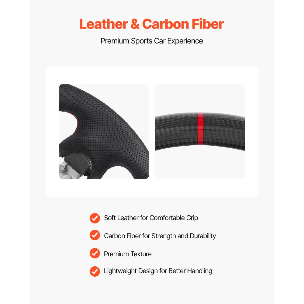 VEVOR Steering Wheel for 2008-2020 Nissan 370Z, Carbon Fiber Steering Wheel D-Shaped Flat-Bottom, Leather Grip with Non-Slip Texture & Precise Stitching, Accessories Replacement for Nissan 370Z, Black