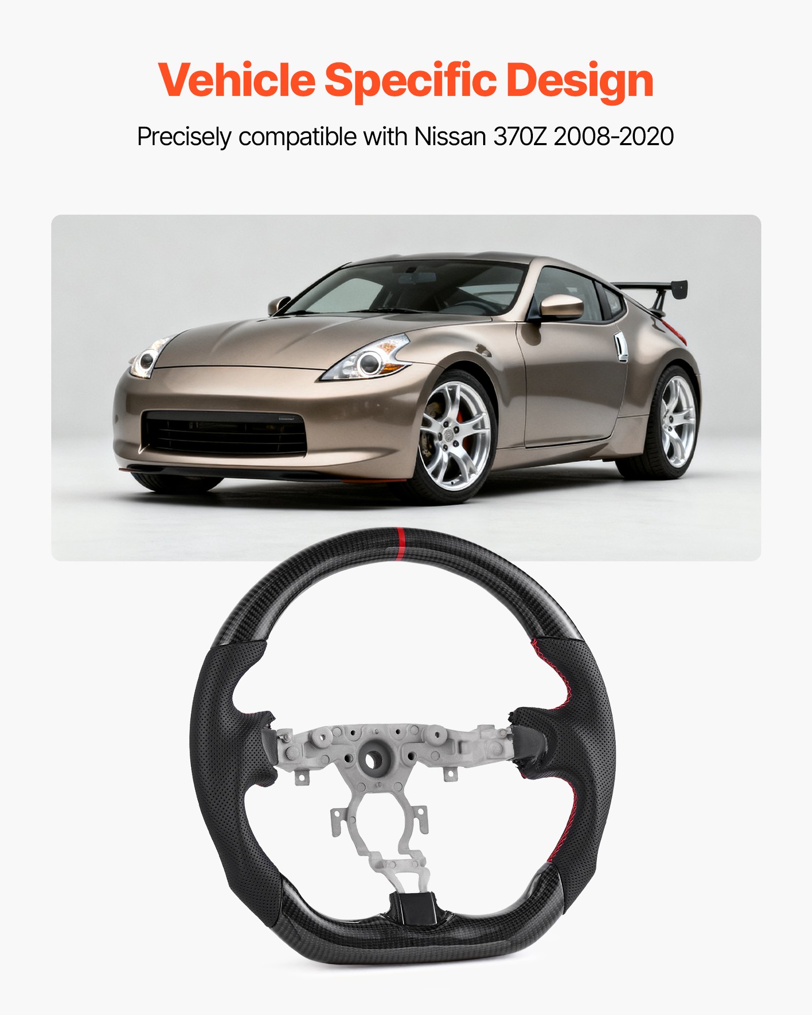 VEVOR Steering Wheel for 2008-2020 Nissan 370Z, Carbon Fiber Steering Wheel D-Shaped Flat-Bottom, Leather Grip with Non-Slip Texture & Precise Stitching, Accessories Replacement for Nissan 370Z, Black