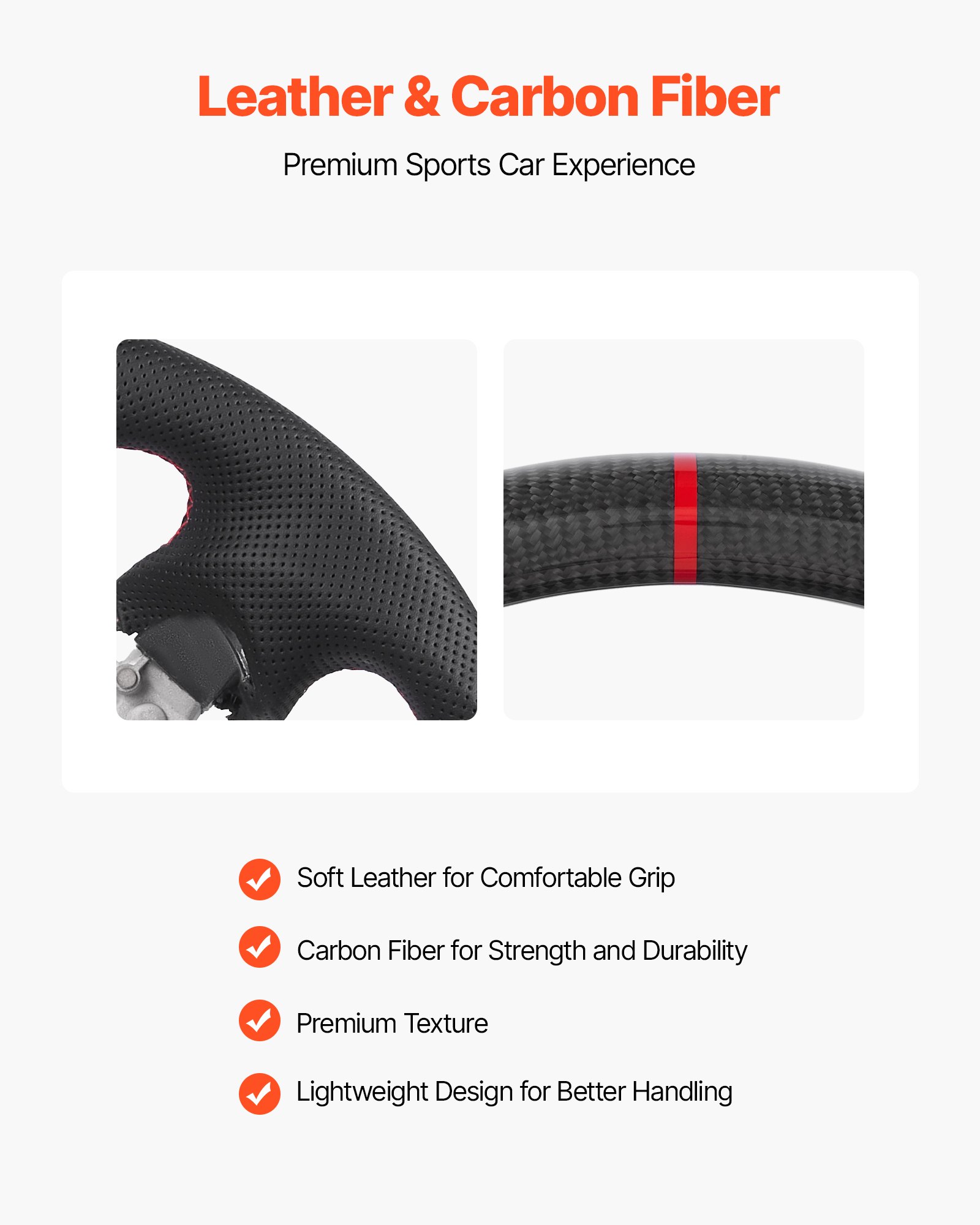 VEVOR Steering Wheel for 2008-2020 Nissan 370Z, Carbon Fiber Steering Wheel D-Shaped Flat-Bottom, Leather Grip with Non-Slip Texture & Precise Stitching, Accessories Replacement for Nissan 370Z, Black