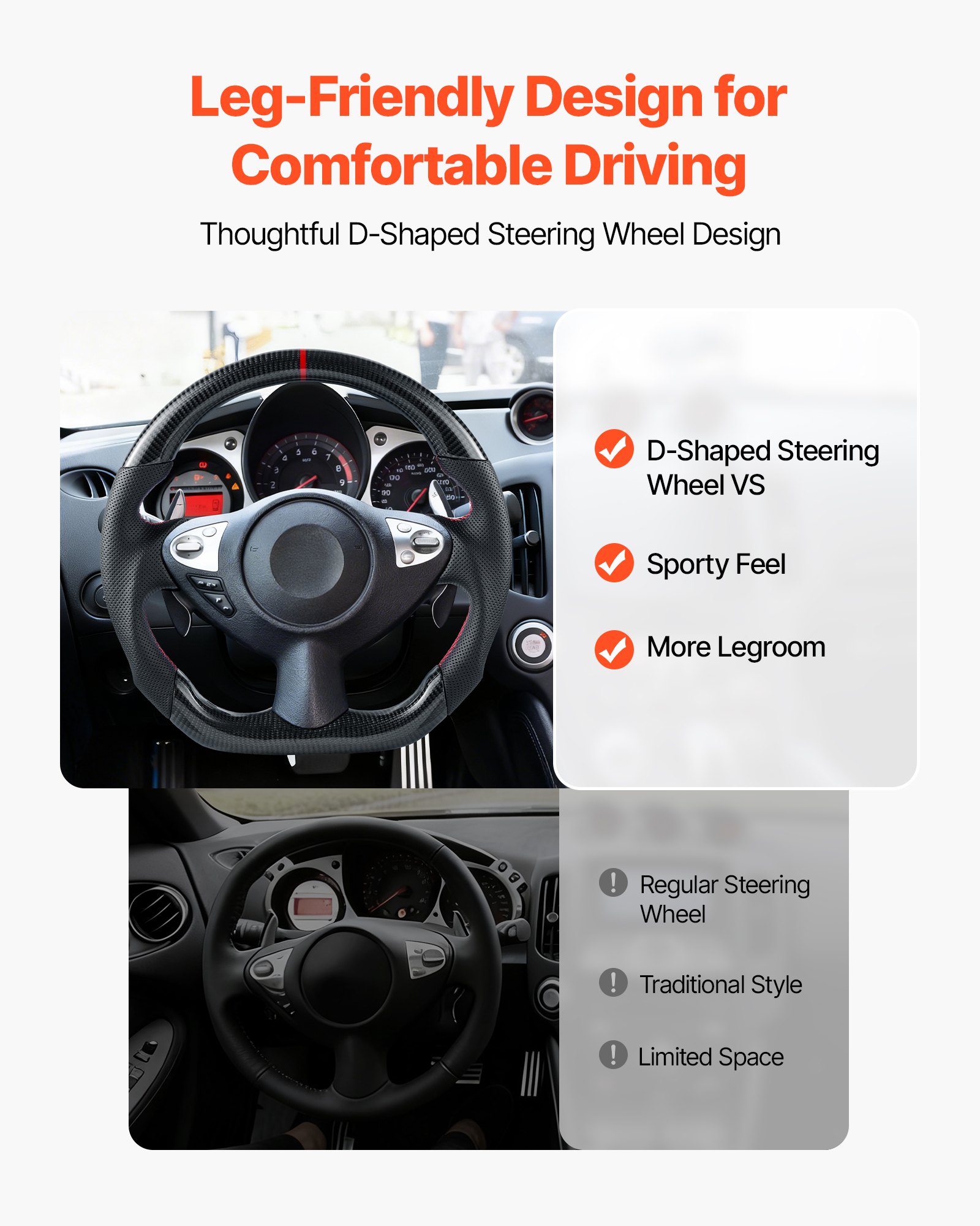VEVOR Steering Wheel for 2008-2020 Nissan 370Z, Carbon Fiber Steering Wheel D-Shaped Flat-Bottom, Leather Grip with Non-Slip Texture & Precise Stitching, Accessories Replacement for Nissan 370Z, Black