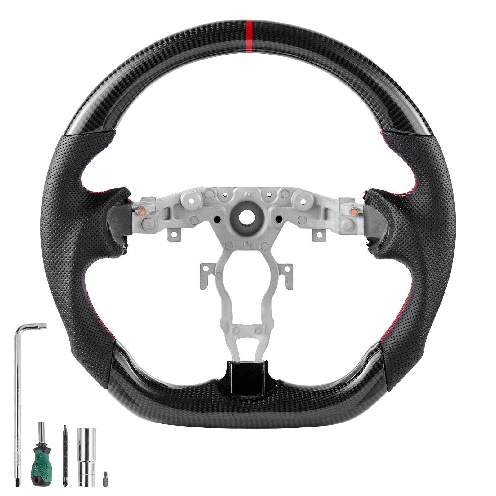 VEVOR Steering Wheel for 2008-2020 Nissan 370Z, Carbon Fiber Steering Wheel D-Shaped Flat-Bottom, Leather Grip with Non-Slip Texture & Precise Stitching, Accessories Replacement for Nissan 370Z, Black