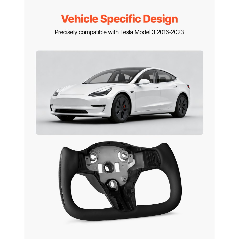 VEVOR Steering Wheel for 2016-2023 Tesla Model 3, Carbon Fiber Steering Wheel D-Shaped Flat-Bottom with Heating Function, Leather Grip with Non-Slip Texture, Accessories Replacement for Model 3, Black