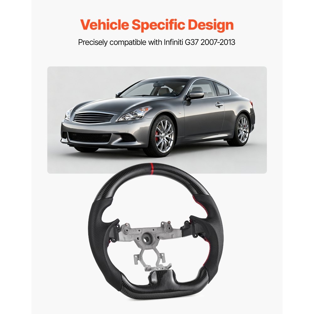 VEVOR Steering Wheel for 2007-2013 Infiniti G37, Carbon Fiber Steering Wheel D-Shaped Flat-Bottom, Leather Grip with Non-Slip Texture & Precise Stitching, Accessories Replacement for Infiniti, Black