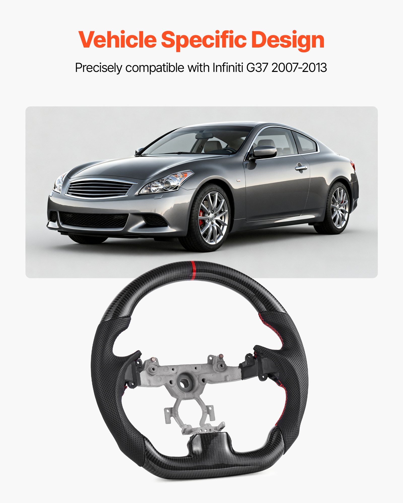 VEVOR Steering Wheel for 2007-2013 Infiniti G37, Carbon Fiber Steering Wheel D-Shaped Flat-Bottom, Leather Grip with Non-Slip Texture & Precise Stitching, Accessories Replacement for Infiniti, Black