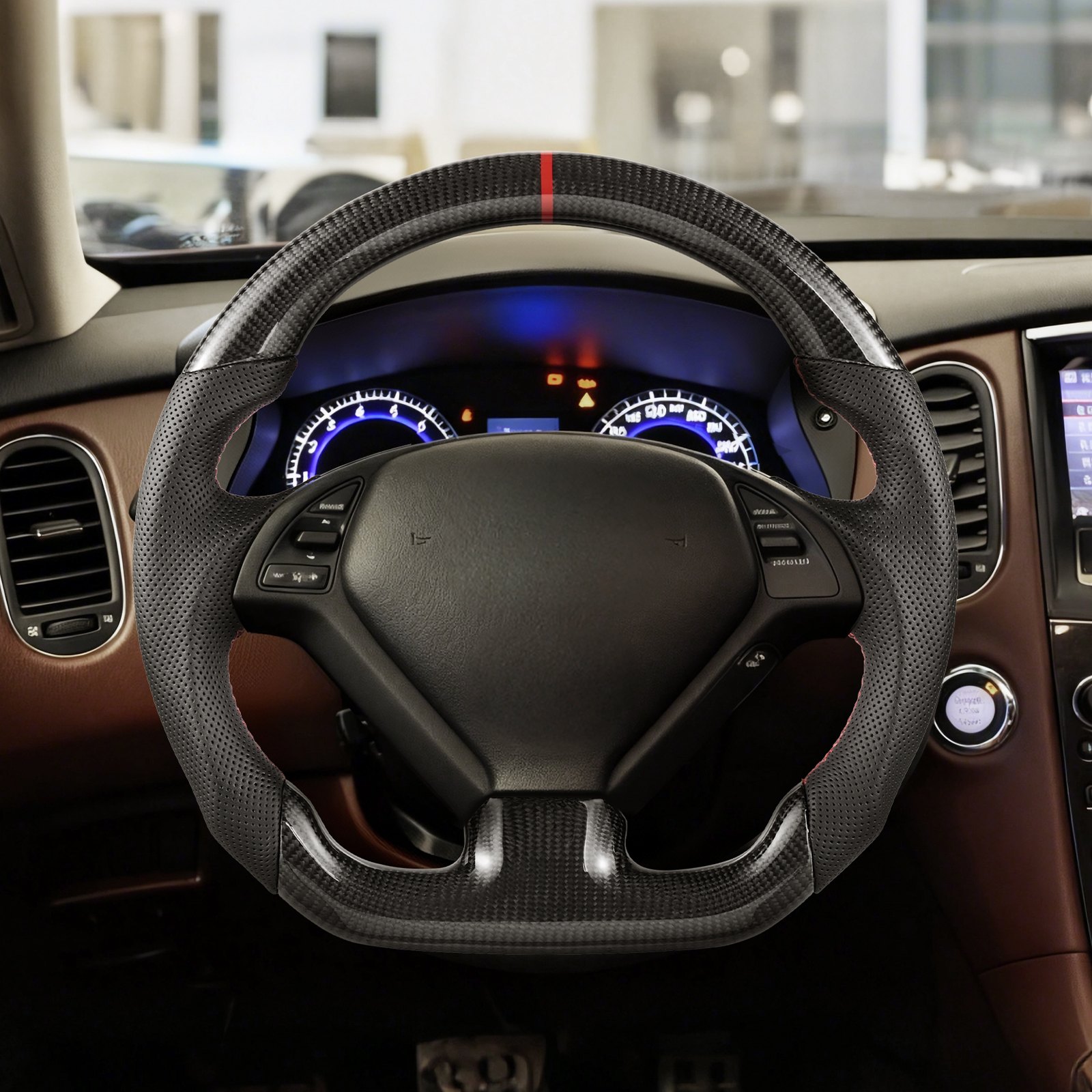 VEVOR Steering Wheel for 2007-2013 Infiniti G37, Carbon Fiber Steering Wheel D-Shaped Flat-Bottom, Leather Grip with Non-Slip Texture & Precise Stitching, Accessories Replacement for Infiniti, Black