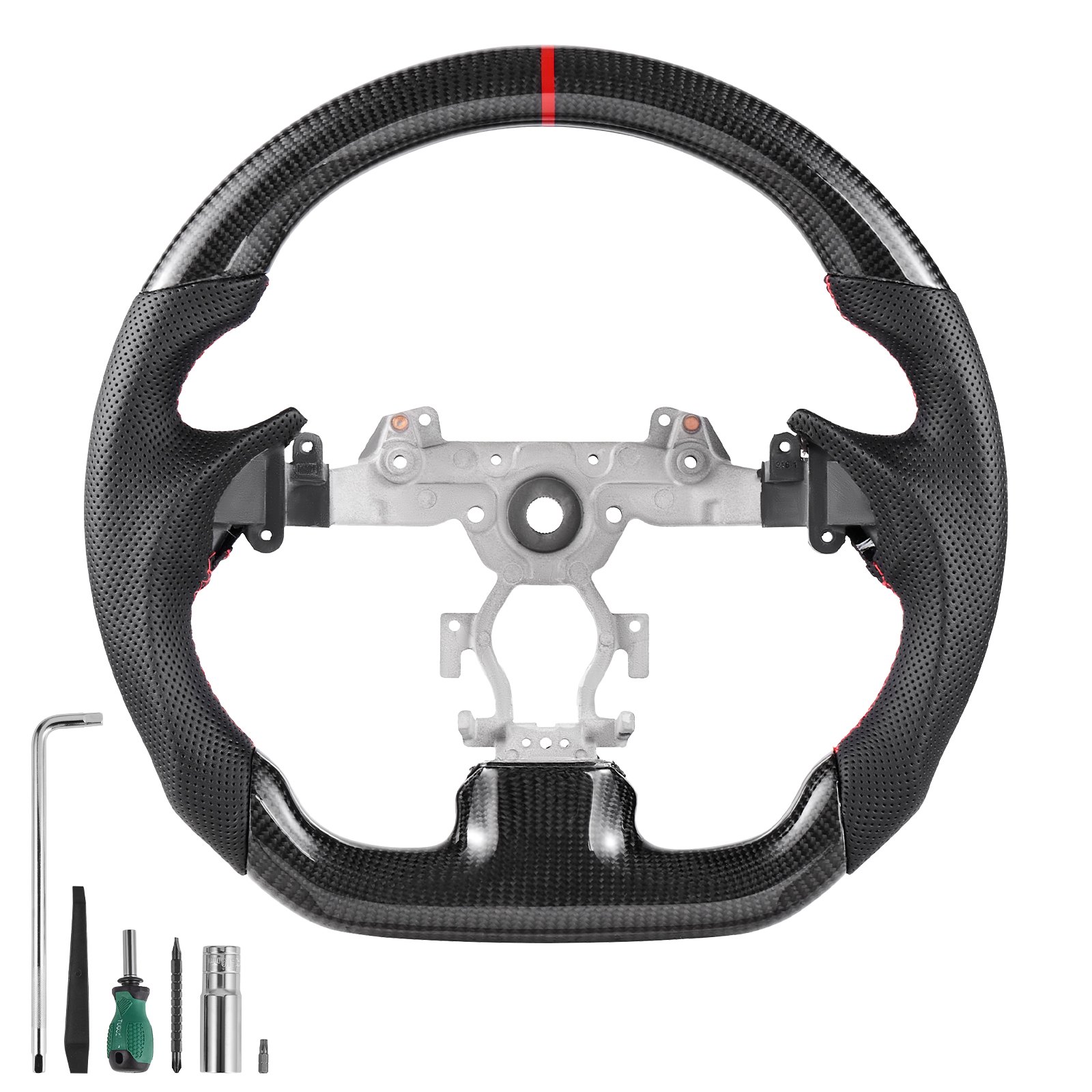 VEVOR Steering Wheel for 2007-2013 Infiniti G37, Carbon Fiber Steering Wheel D-Shaped Flat-Bottom, Leather Grip with Non-Slip Texture & Precise Stitching, Accessories Replacement for Infiniti, Black
