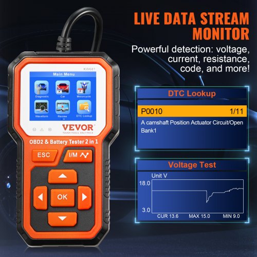 VEVOR OBD2 Scanner Diagnostic Tool, 2 in 1 OBD2 Scanner Battery Tester, Check Engine Light, 6V/12V Car Battery Charging Cranking Test, Car Code