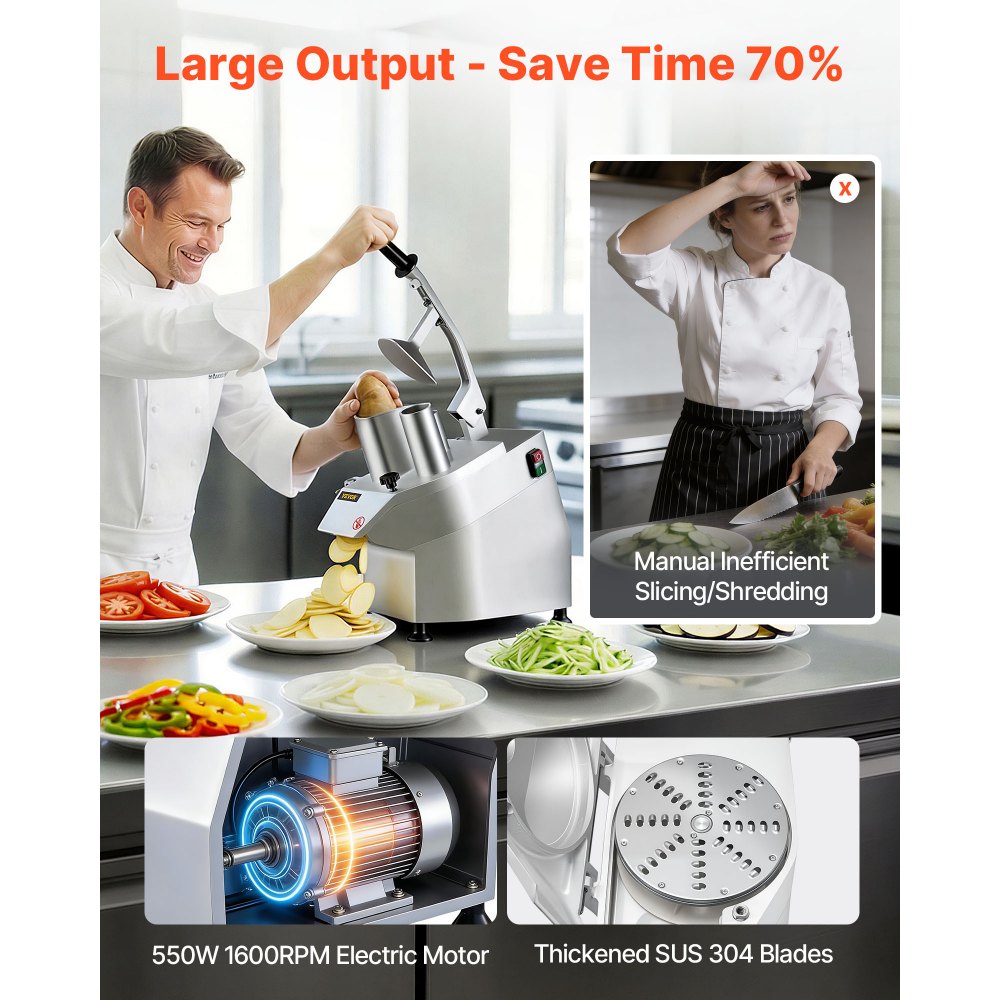 VEVOR 110V Commercial Food Processor 2 Feeding Holes, 550W Electric Vegetable Slicer 1600 RPM, Stainless Steel Vegetable Processor Detachable 6-blades, 3mm/4mm/7mm Shred, 2mm/4mm Slice