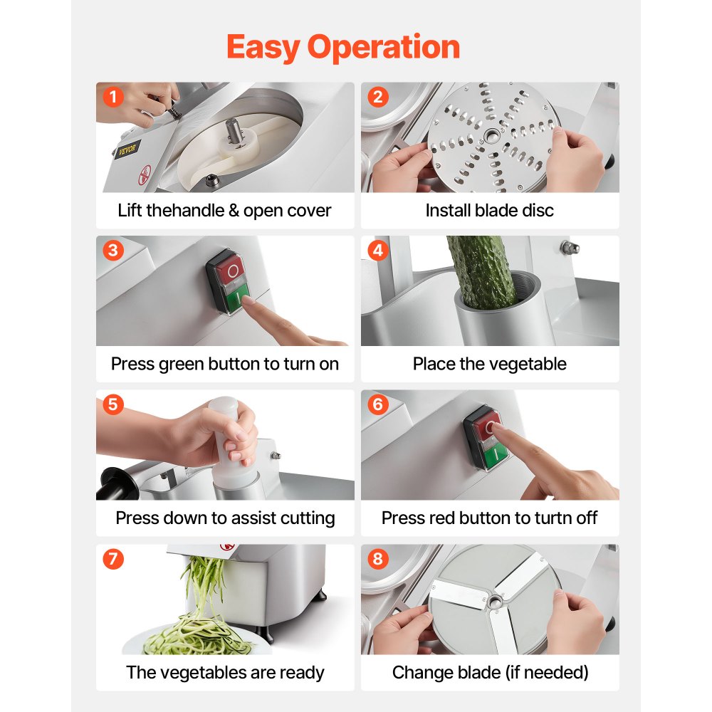 VEVOR 110V Commercial Food Processor 2 Feeding Holes, 550W Electric Vegetable Slicer 1600 RPM, Stainless Steel Vegetable Processor Detachable 6-blades, 3mm/4mm/7mm Shred, 2mm/4mm Slice
