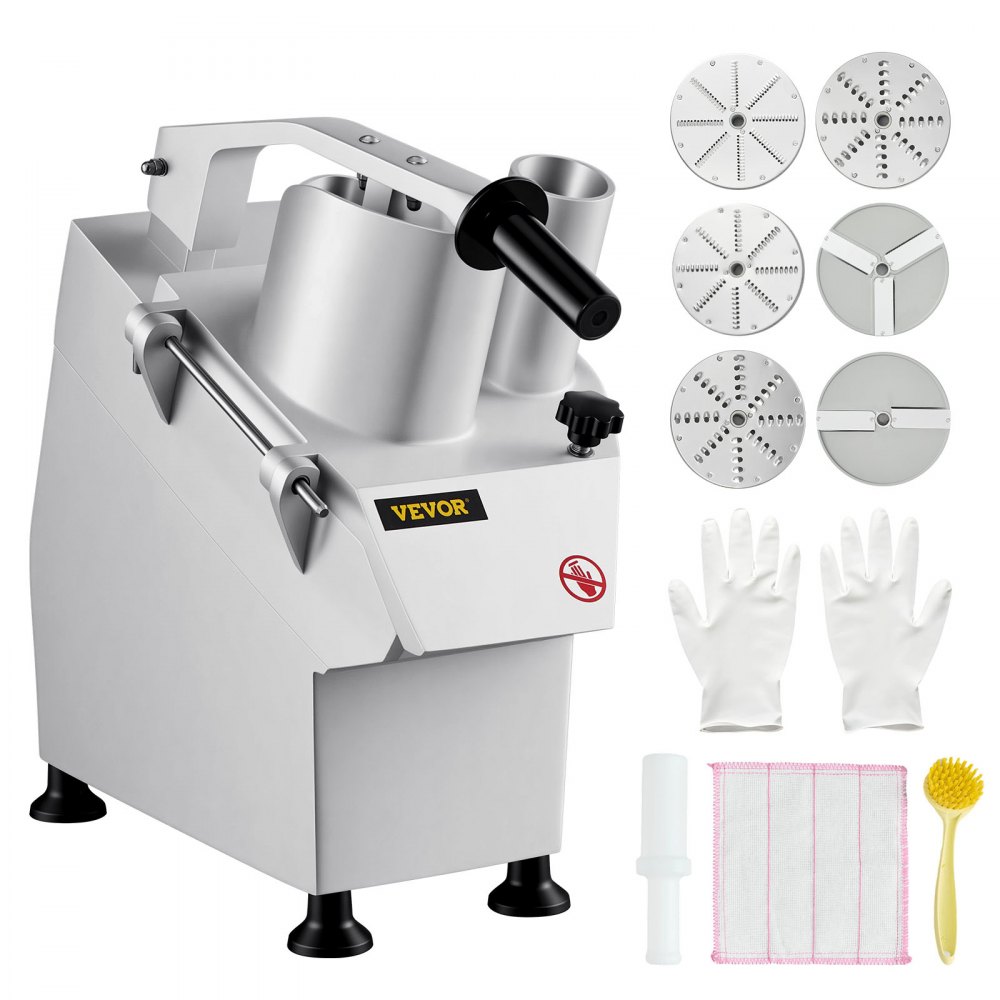 VEVOR 110V Commercial Food Processor 2 Feeding Holes, 550W Electric Vegetable Slicer 1600 RPM, Stainless Steel Vegetable Processor Detachable 6-blades, 3mm/4mm/7mm Shred, 2mm/4mm Slice
