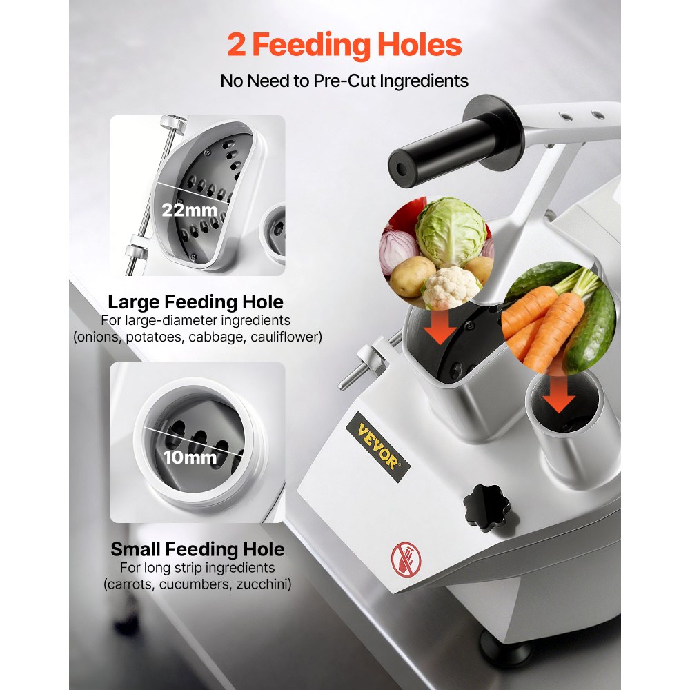 VEVOR 110V Commercial Food Processor 2 Feeding Holes, 550W Electric Vegetable Slicer 1600 RPM, Stainless Steel Vegetable Processor Detachable 6-blades, 3mm/4mm/7mm Shred, 2mm/4mm Slice