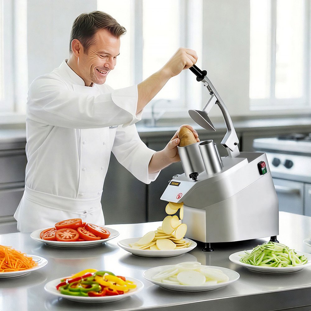 VEVOR 110V Commercial Food Processor 2 Feeding Holes, 550W Electric Vegetable Slicer 1600 RPM, Stainless Steel Vegetable Processor Detachable 6-blades, 3mm/4mm/7mm Shred, 2mm/4mm Slice