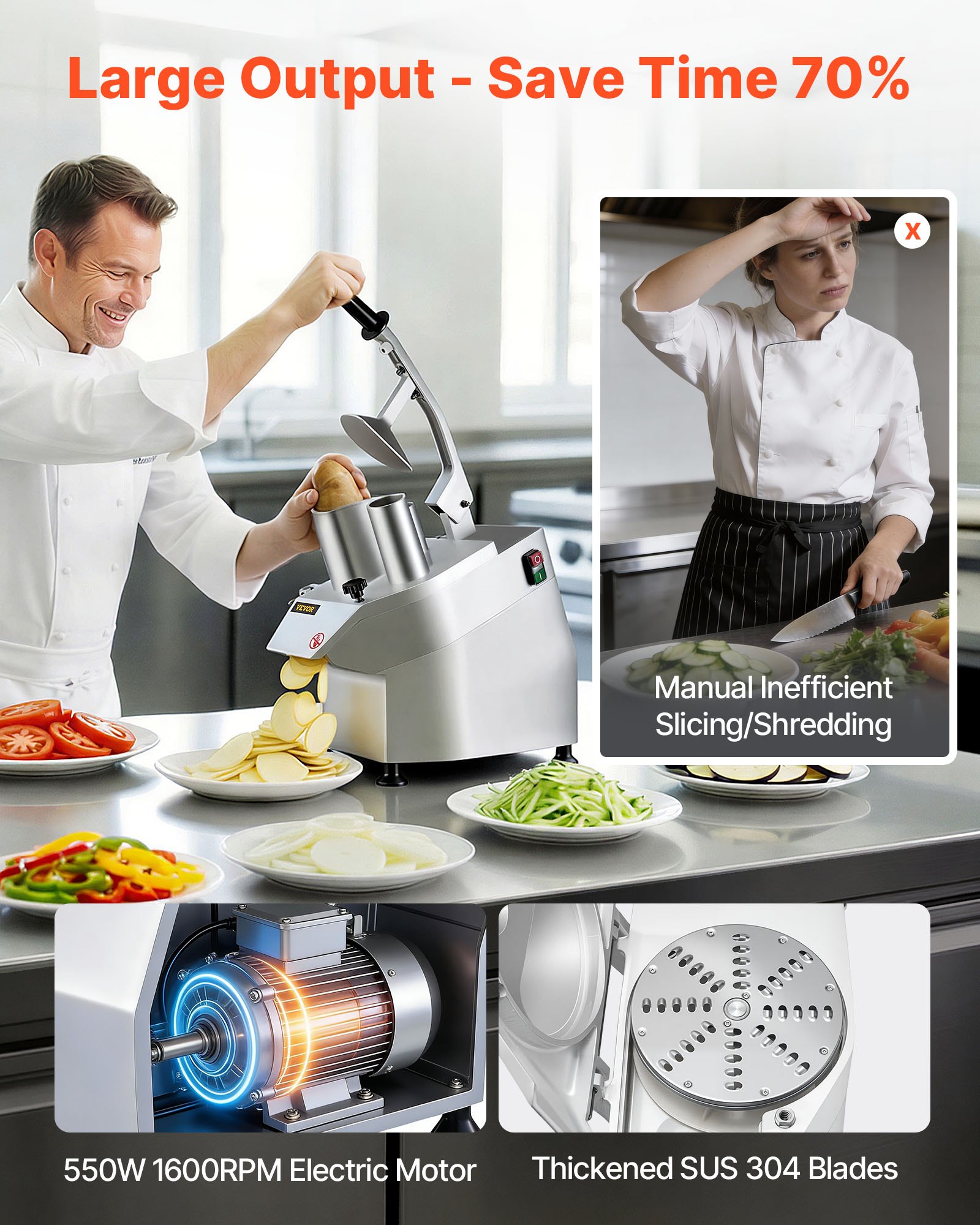 VEVOR 110V Commercial Food Processor 2 Feeding Holes, 550W Electric Vegetable Slicer 1600 RPM, Stainless Steel Vegetable Processor Detachable 6-blades, 3mm/4mm/7mm Shred, 2mm/4mm Slice
