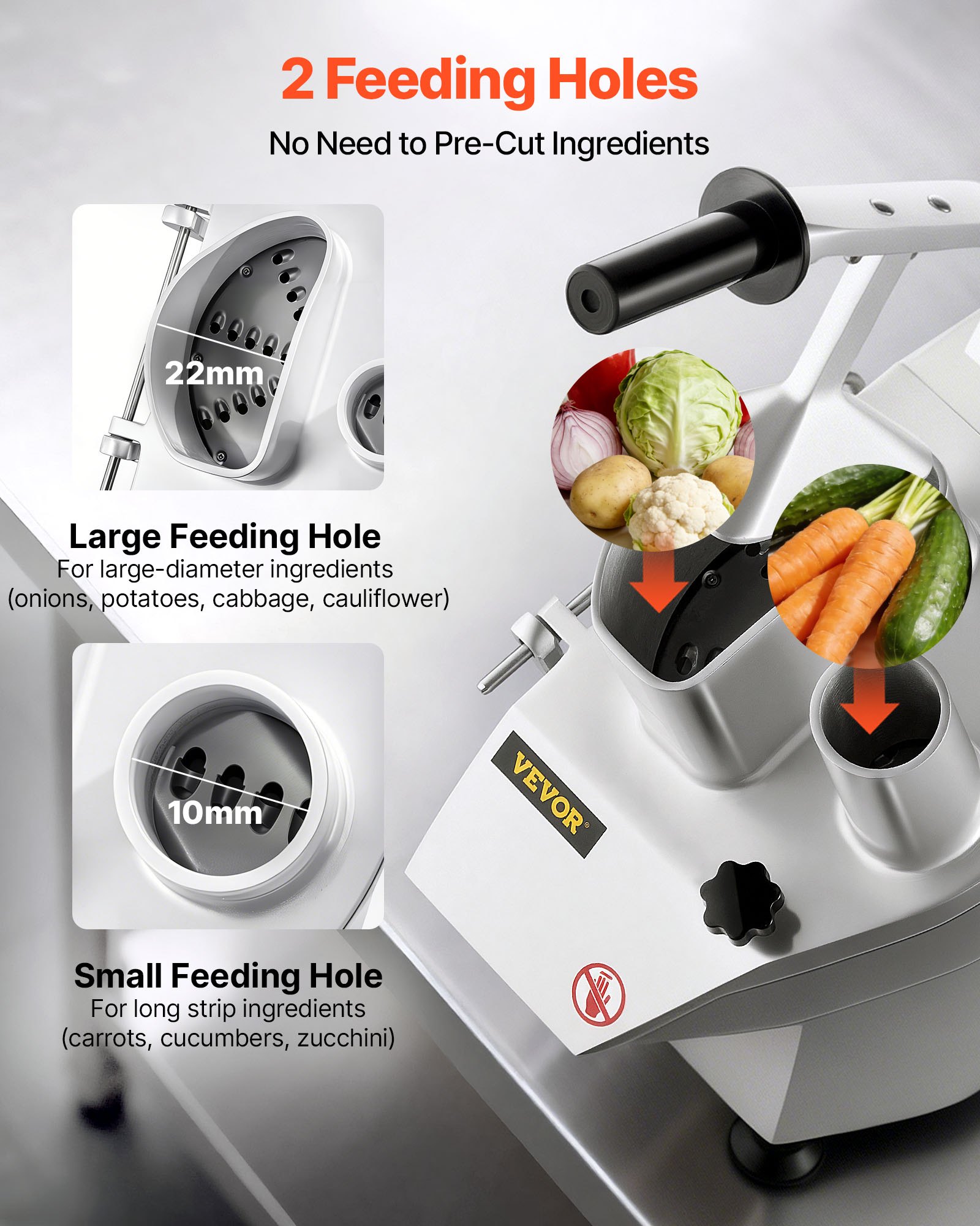 VEVOR 110V Commercial Food Processor 2 Feeding Holes, 550W Electric Vegetable Slicer 1600 RPM, Stainless Steel Vegetable Processor Detachable 6-blades, 3mm/4mm/7mm Shred, 2mm/4mm Slice