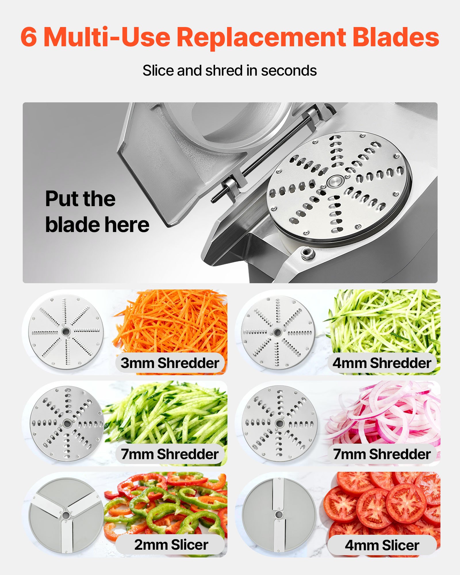 VEVOR 110V Commercial Food Processor 2 Feeding Holes, 550W Electric Vegetable Slicer 1600 RPM, Stainless Steel Vegetable Processor Detachable 6-blades, 3mm/4mm/7mm Shred, 2mm/4mm Slice