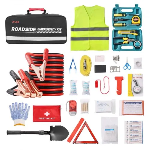 VEVOR Car Emergency Kit, 2-in-1 First Aid Kit with Jumper Cables, Essential Roadside Emergency Car Kits for Vehicle, Travel and Home, 31-Piece Auto Road Side Assistance Tools with Medical Aid Kits