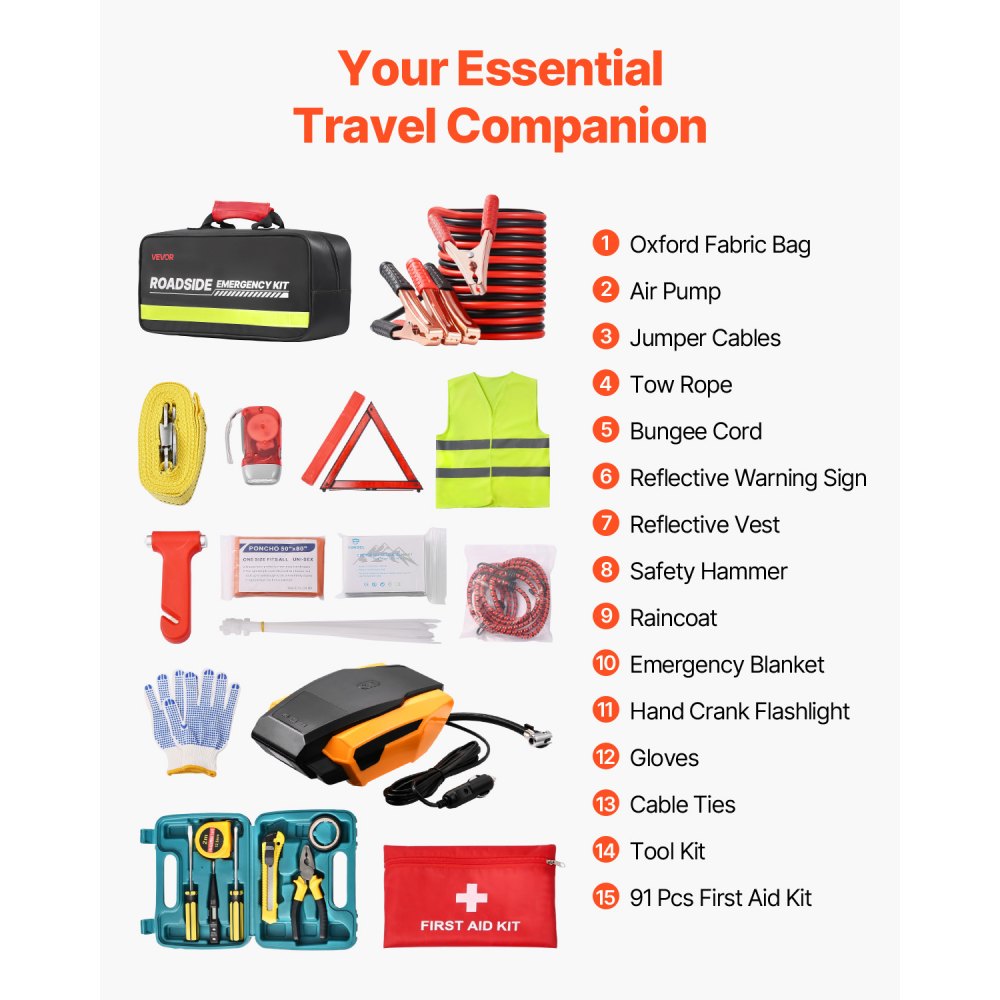 VEVOR Car Emergency Kit, 2-in-1 First Aid Kit with Jumper Cables, Essential Roadside Emergency Car Kits for Vehicle, Travel and Home, 32-Piece Auto Road Side Assistance Tools with Medical Aid Kits