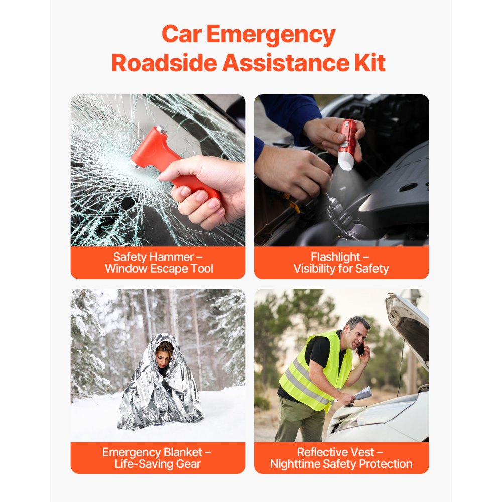 VEVOR Car Emergency Kit, 2-in-1 First Aid Kit with Jumper Cables, Essential Roadside Emergency Car Kits for Vehicle, Travel and Home, 32-Piece Auto Road Side Assistance Tools with Medical Aid Kits