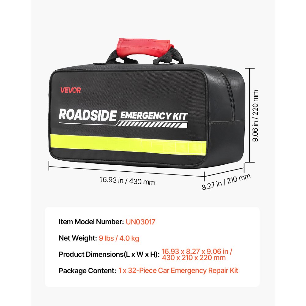 VEVOR Car Emergency Kit, 2-in-1 First Aid Kit with Jumper Cables, Essential Roadside Emergency Car Kits for Vehicle, Travel and Home, 32-Piece Auto Road Side Assistance Tools with Medical Aid Kits