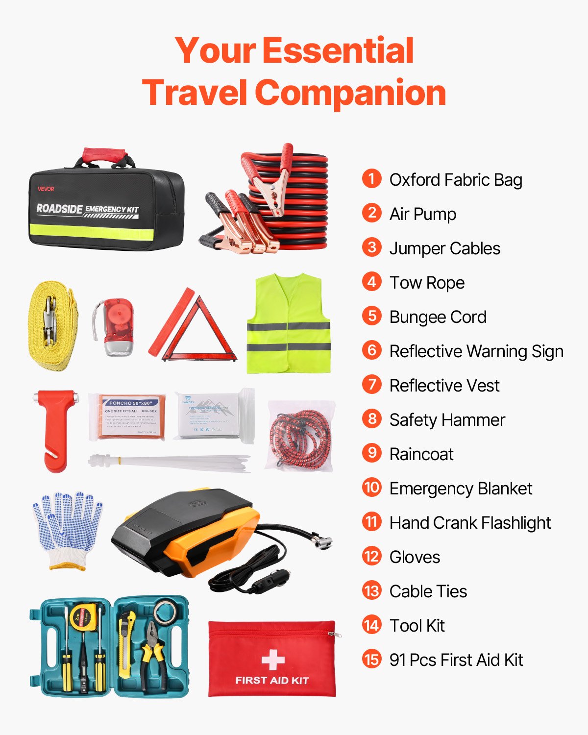 VEVOR Car Emergency Kit, 2-in-1 First Aid Kit with Jumper Cables, Essential Roadside Emergency Car Kits for Vehicle, Travel and Home, 32-Piece Auto Road Side Assistance Tools with Medical Aid Kits