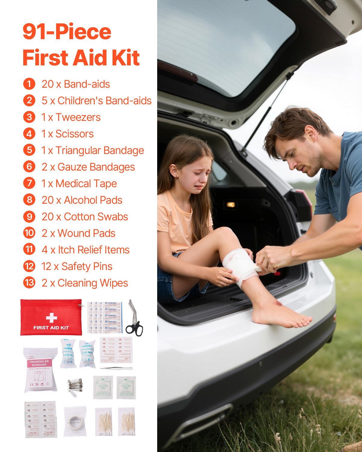 VEVOR Car Emergency Kit, 2-in-1 First Aid Kit with Jumper Cables, Essential Roadside Emergency Car Kits for Vehicle, Travel and Home, 32-Piece Auto Road Side Assistance Tools with Medical Aid Kits