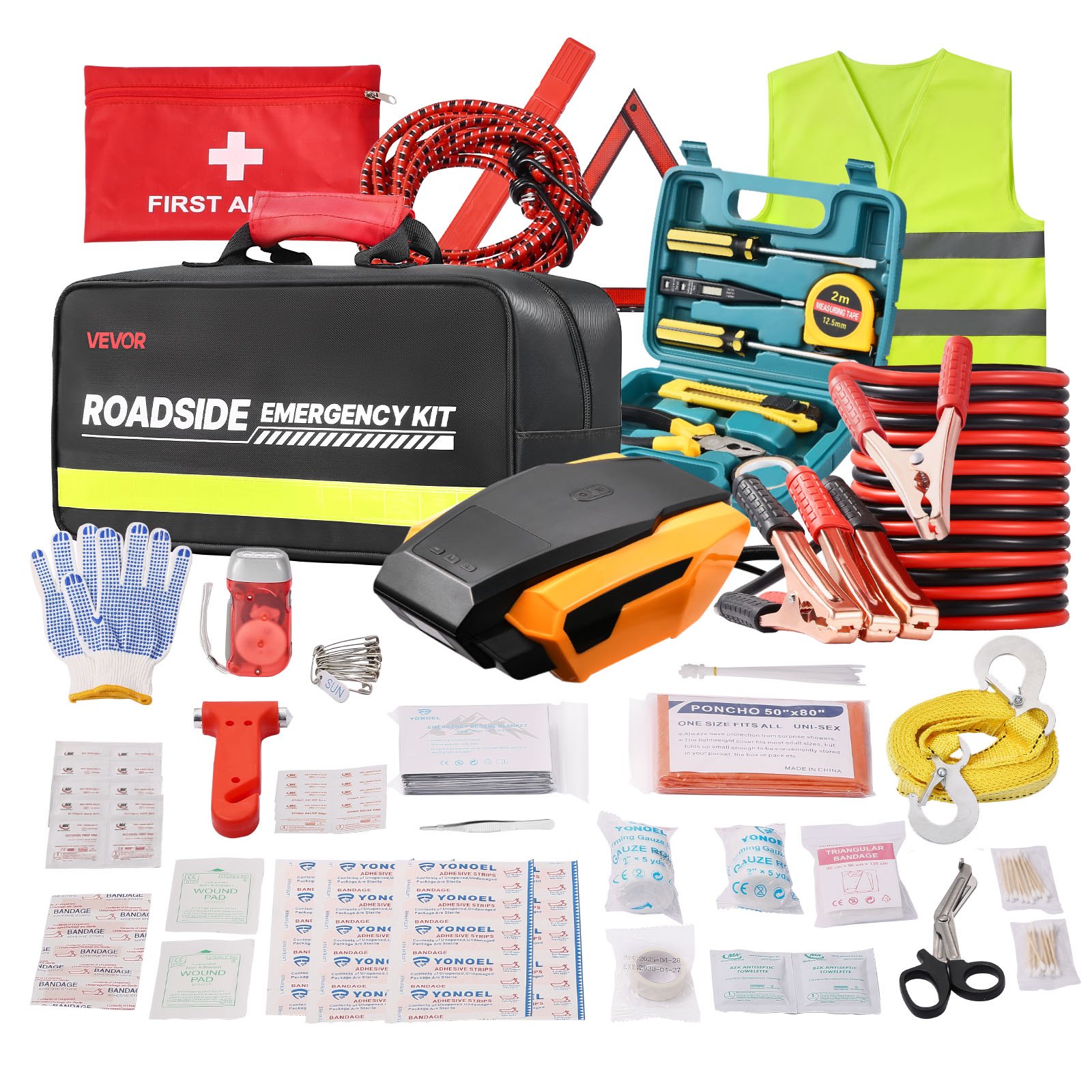 VEVOR Car Emergency Kit, 2-in-1 First Aid Kit with Jumper Cables, Essential Roadside Emergency Car Kits for Vehicle, Travel and Home, 32-Piece Auto Road Side Assistance Tools with Medical Aid Kits