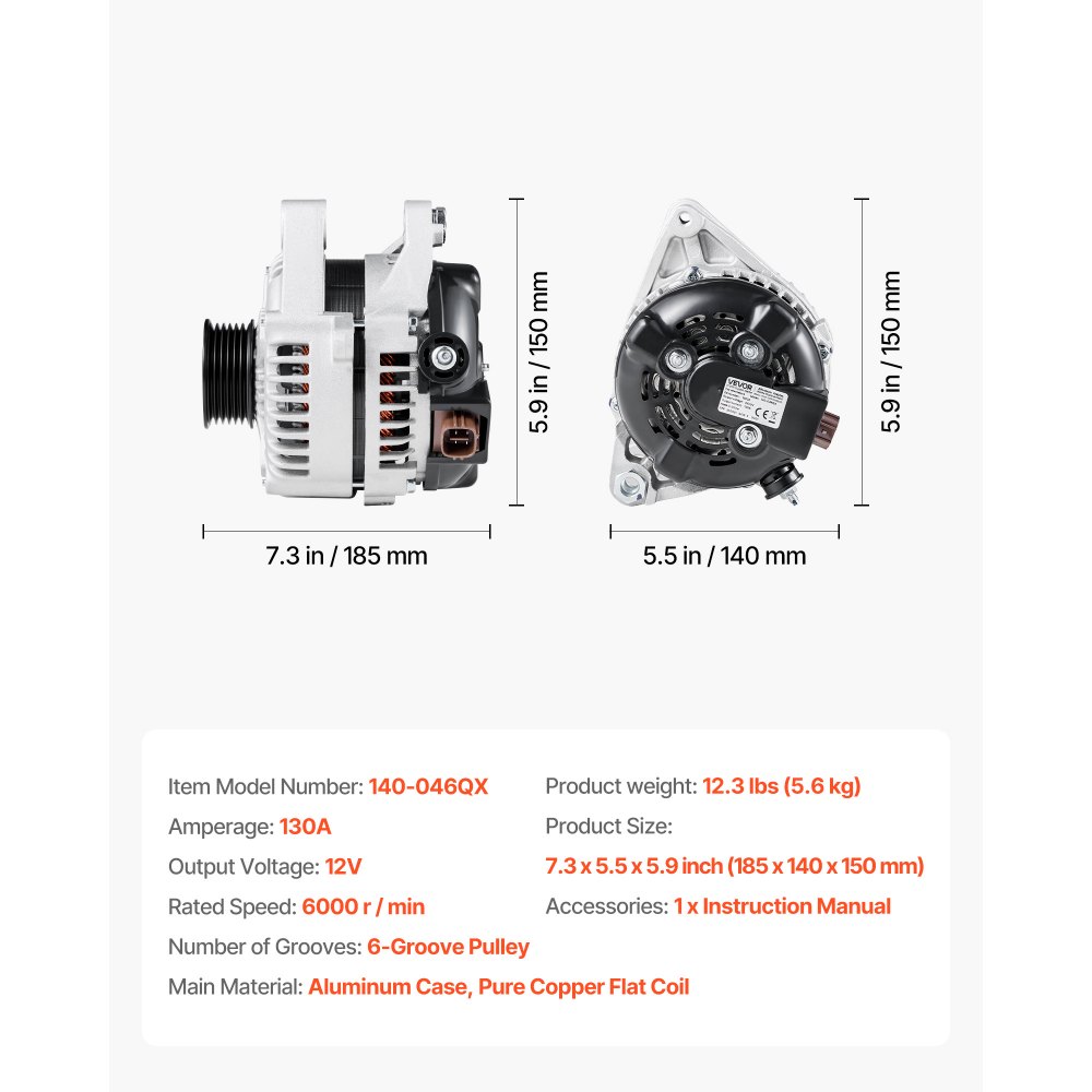 VEVOR Car Alternator 11032, Fit for Toyota Highlander V6 3.3L 2004-2007, Sienna 2004-2006, Lexus RX330 3.3L 2004-2006, Automotive Replacement Alternator 27060-0A100, 27060-0A130, AL3315X, 400-52140R