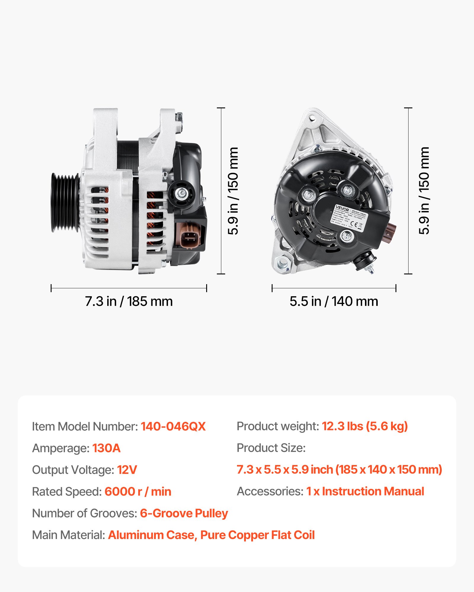 VEVOR Car Alternator 11032, Fit for Toyota Highlander V6 3.3L 2004-2007, Sienna 2004-2006, Lexus RX330 3.3L 2004-2006, Automotive Replacement Alternator 27060-0A100, 27060-0A130, AL3315X, 400-52140R