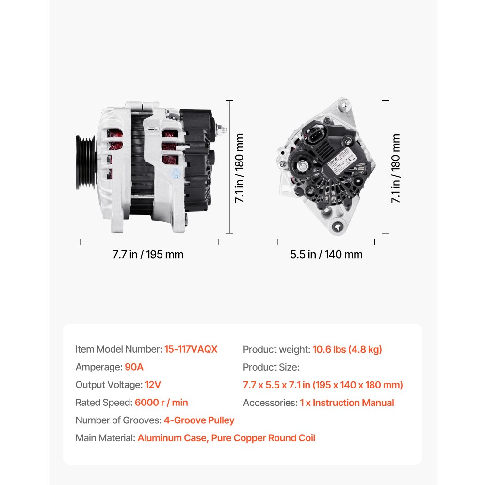 VEVOR Car Alternator 11311N, Fit for KIA Spectra5 L4 2.0L 2007-2009, Soul 2010-2011, for HYUNDAI Elantra L4 2.0L 2007-2012, Automotive Replacement Alternator 211311, 2655635, 3730023650, 40046020