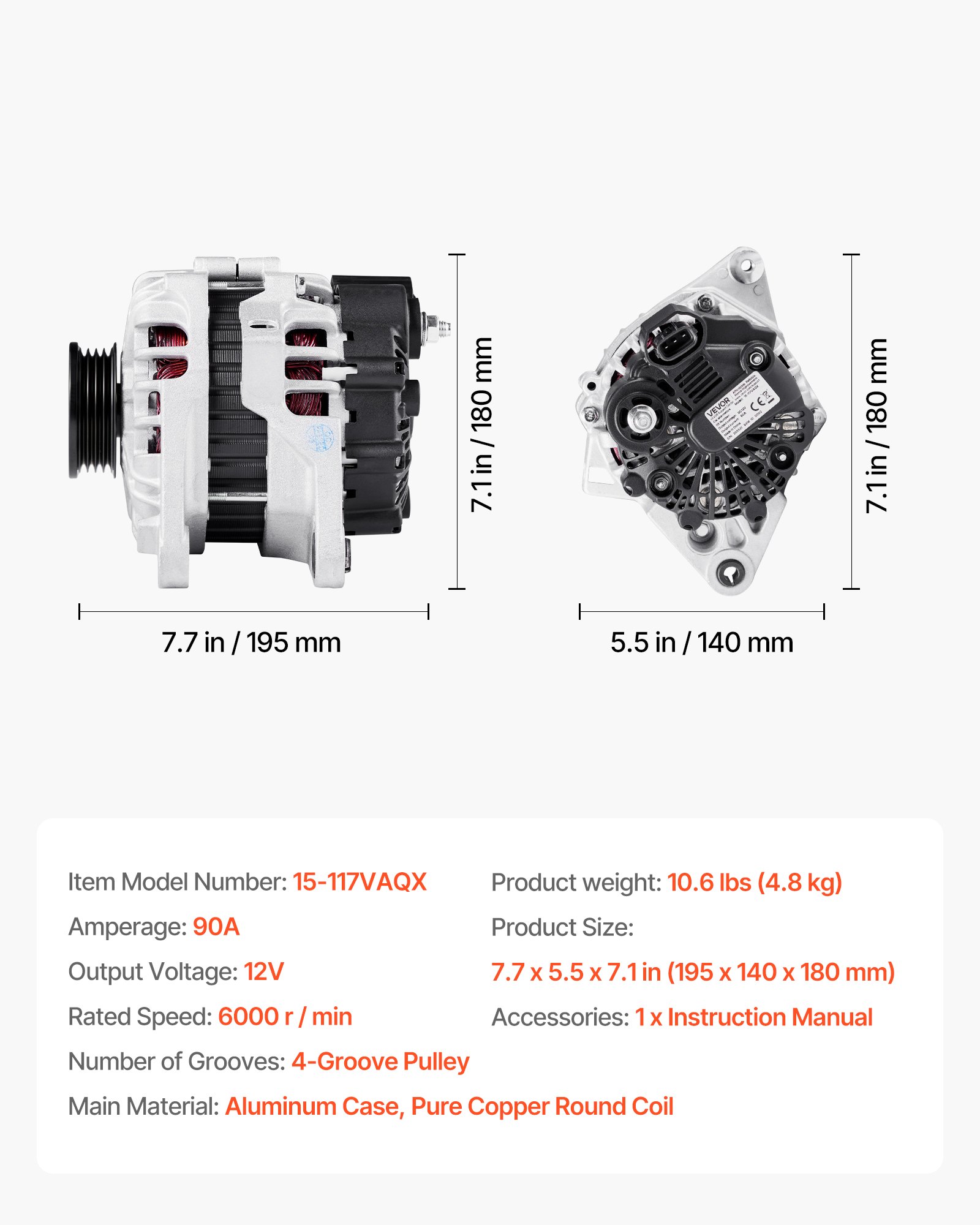 VEVOR Car Alternator 11311N, Fit for KIA Spectra5 L4 2.0L 2007-2009, Soul 2010-2011, for HYUNDAI Elantra L4 2.0L 2007-2012, Automotive Replacement Alternator 211311, 2655635, 3730023650, 40046020