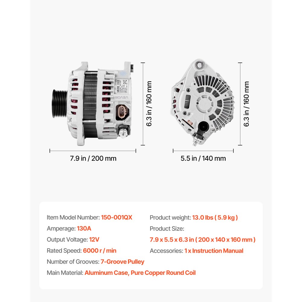 VEVOR Car Alternator 11341, Fit for Nissan Altima V6 3.5L 2007-2010, Maxima 2009-2010, Murano 2009-2014, Quest 2011-2017, for Saturn Aura 2007-2008, Automotive Replacement Alternator 11557, AMT0228