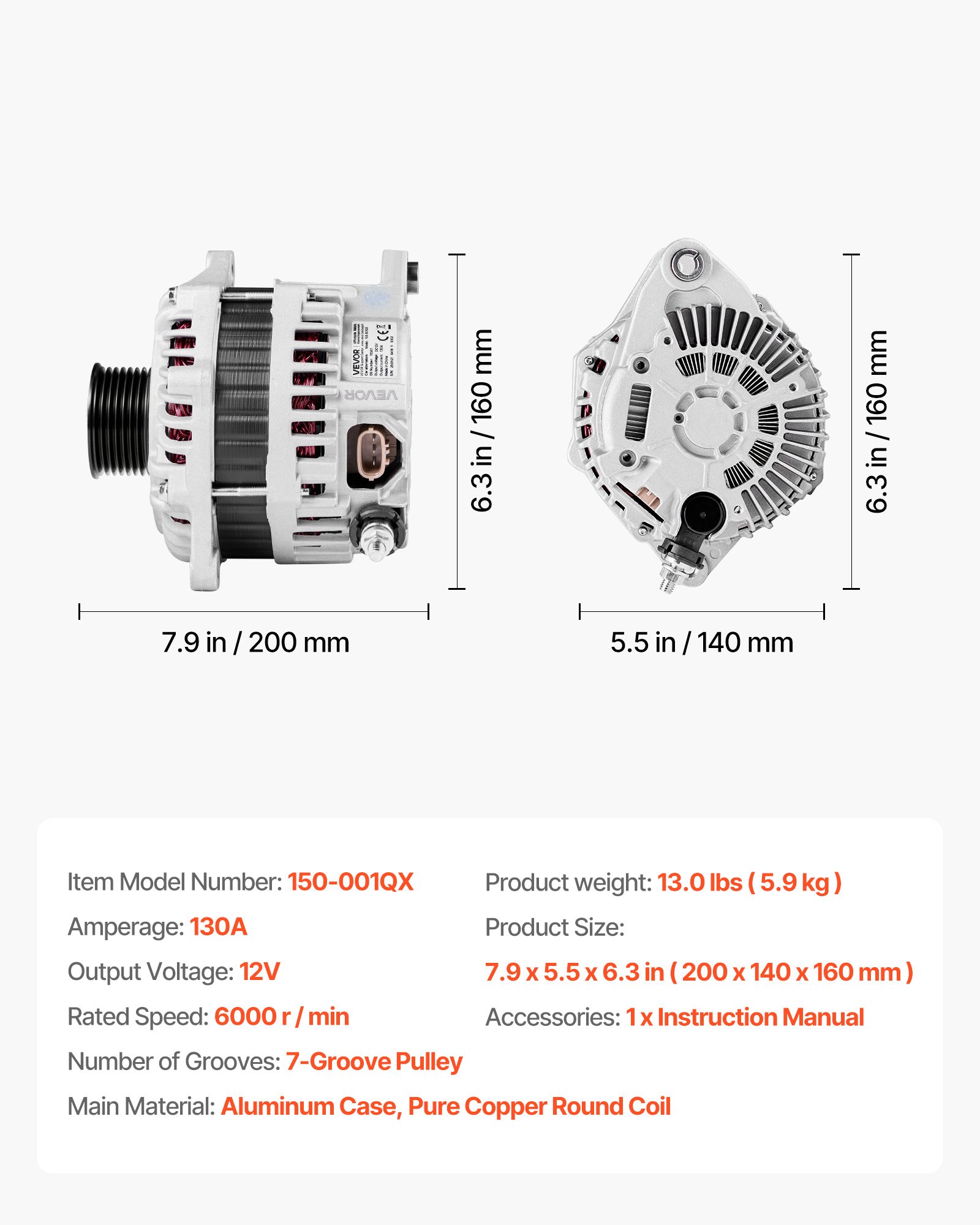 VEVOR Car Alternator 11341, Fit for Nissan Altima V6 3.5L 2007-2010, Maxima 2009-2010, Murano 2009-2014, Quest 2011-2017, for Saturn Aura 2007-2008, Automotive Replacement Alternator 11557, AMT0228