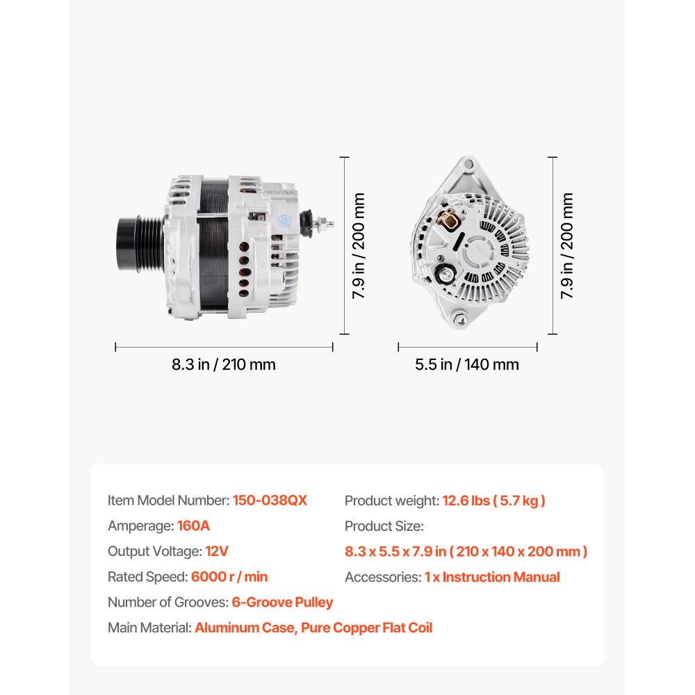 VEVOR Car Alternator 11440, Fit for Dodge Journey SE Value 2.4L 2020, SXT 2.4L 2012-2018, Crossroad 2016-2020, L4 2009-2020, Automotive Replacement Alternator 12987, 2035080, 4801490AA, 2138864, 90004