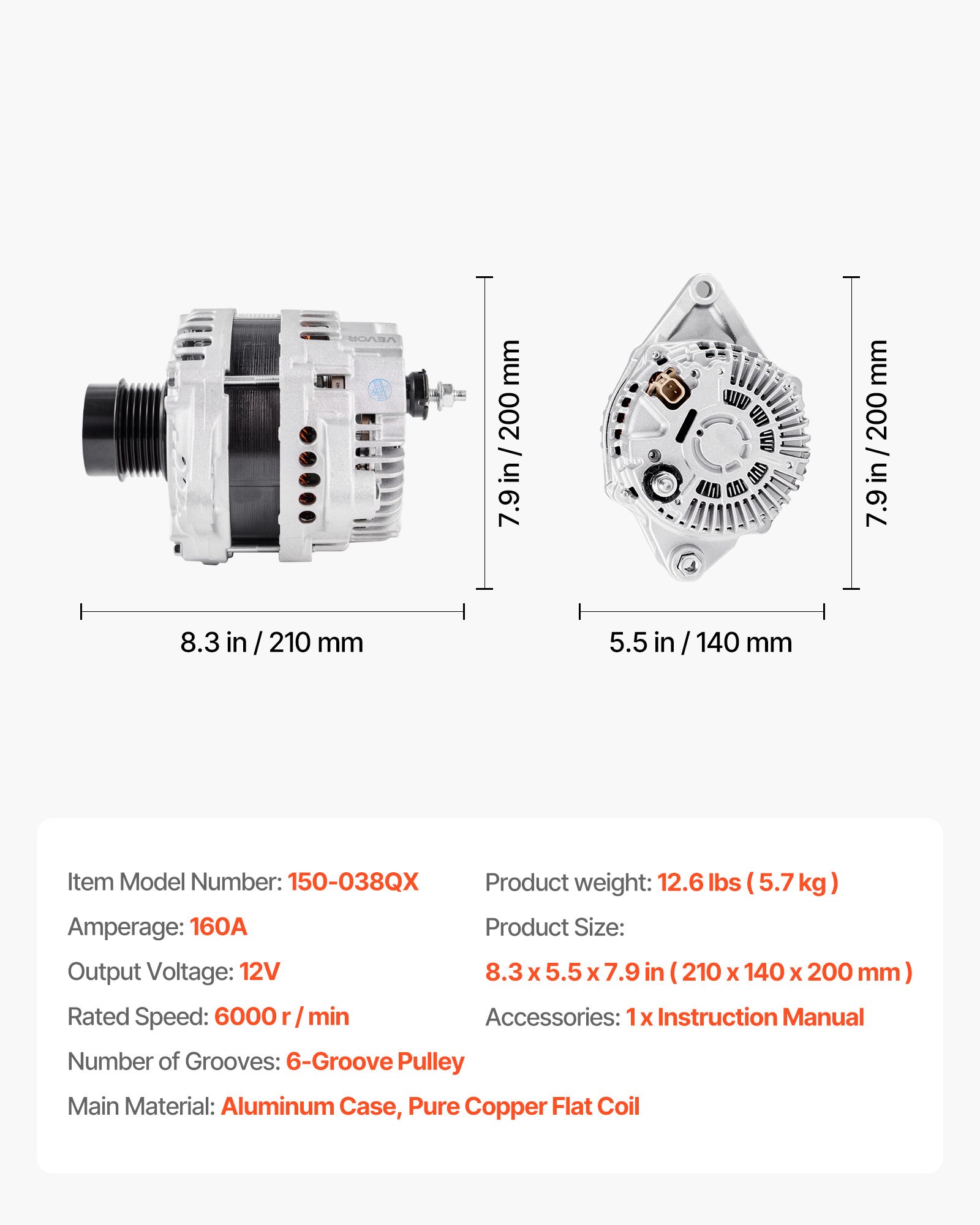 VEVOR Car Alternator 11440, Fit for Dodge Journey SE Value 2.4L 2020, SXT 2.4L 2012-2018, Crossroad 2016-2020, L4 2009-2020, Automotive Replacement Alternator 12987, 2035080, 4801490AA, 2138864, 90004