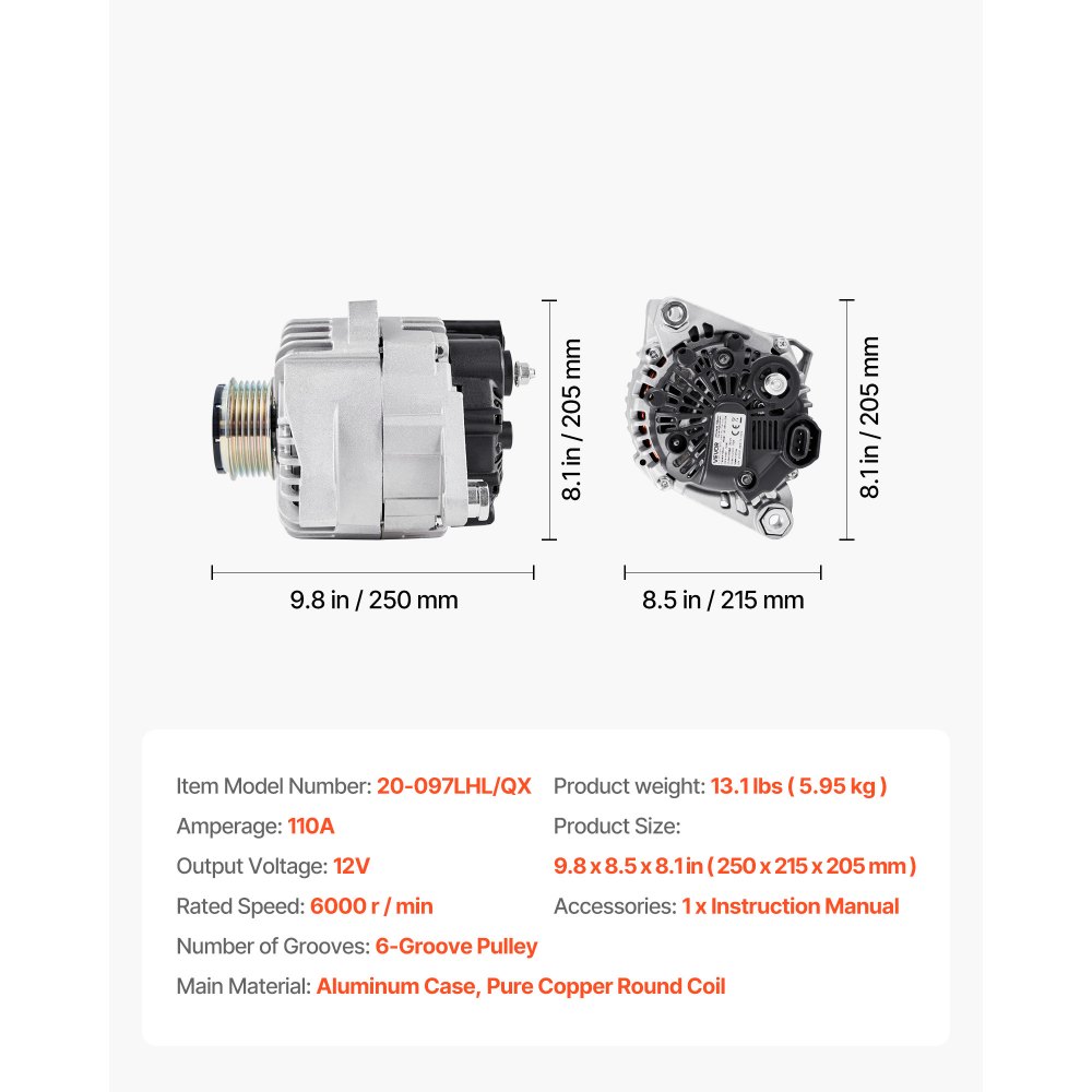 VEVOR Car Alternator 11491, Compatible with Hyundai Sonata 2.4L 2010-2013, Kia Optima 2.4L 2011-2013, Automotive Replacement Alternator with Aluminum Housing and Pure Copper Round Coil, 37300-2G150