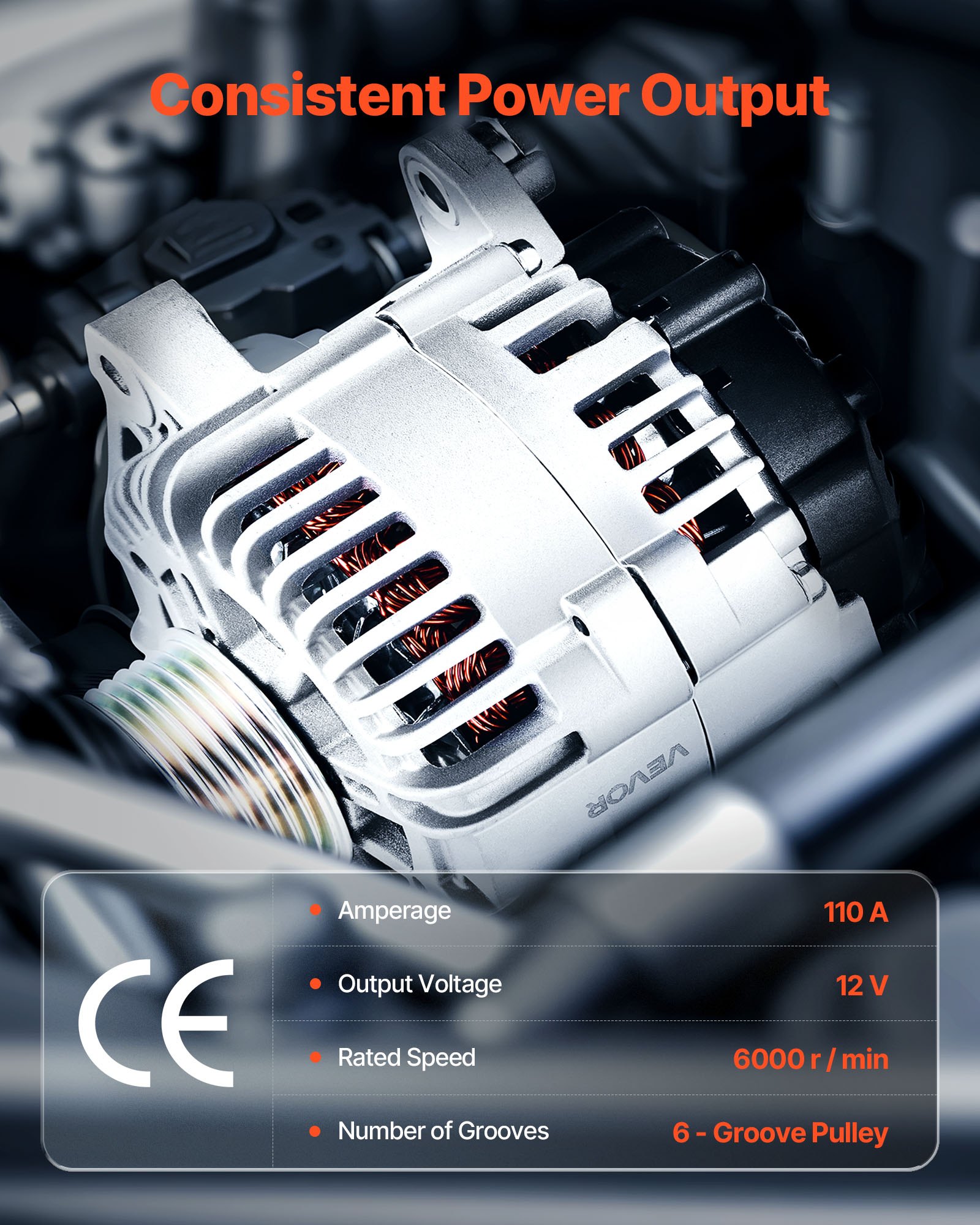 VEVOR Car Alternator 11491, Compatible with Hyundai Sonata 2.4L 2010-2013, Kia Optima 2.4L 2011-2013, Automotive Replacement Alternator with Aluminum Housing and Pure Copper Round Coil, 37300-2G150