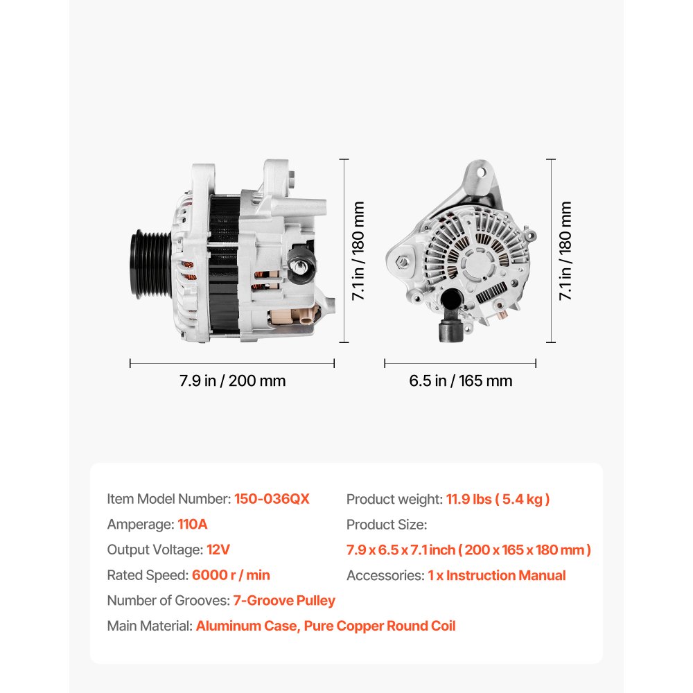 VEVOR Car Alternator 11999, Compatible with Honda Accord L4 2.4L 2013-2017, Automotive Replacement Alternator with Aluminum Housing and Pure Copper Round Coil, 31100-5A2-A02, AHGA88, 14489, A5TL0581ZC
