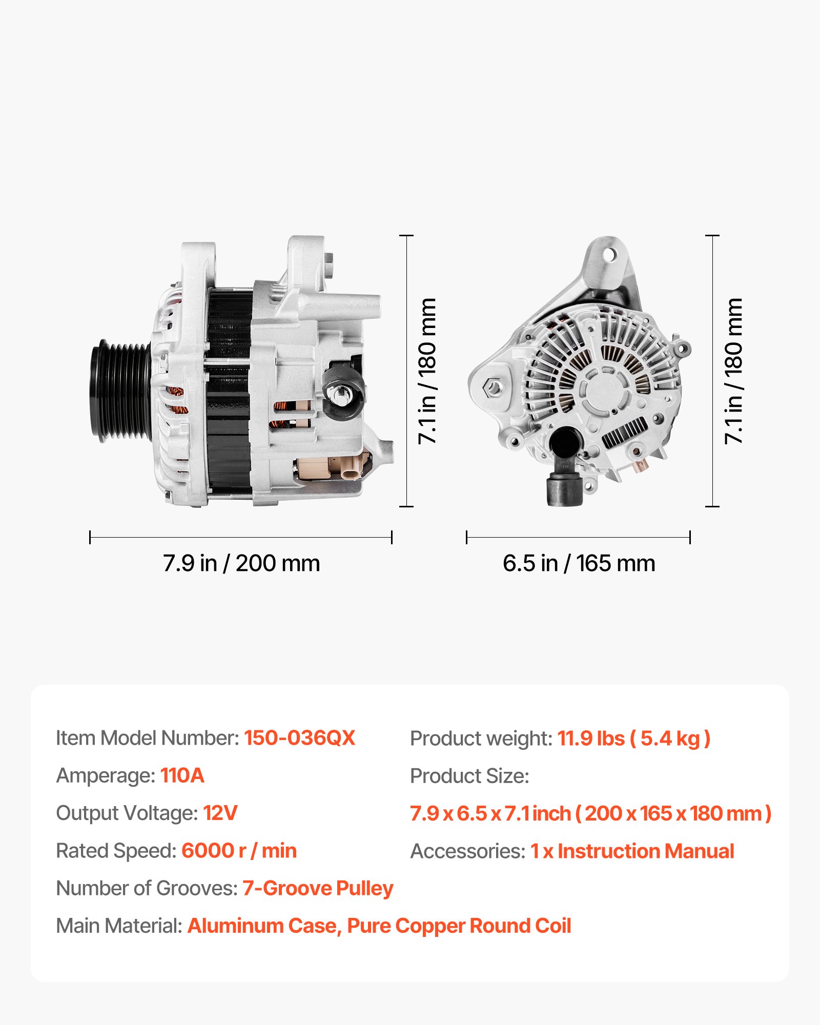 VEVOR Car Alternator 11999, Compatible with Honda Accord L4 2.4L 2013-2017, Automotive Replacement Alternator with Aluminum Housing and Pure Copper Round Coil, 31100-5A2-A02, AHGA88, 14489, A5TL0581ZC