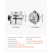 VEVOR Car Alternator 7127-SE105C, Fit for 1 Wire Self Exciting Street Rod GM 305 350 BBC SBC, 1973-1974 Apollo 4.1L, 1982 Century 2.5L, Automotive Replacement Alternator 1-2400-11DR-2, 7127-SECN-100A
