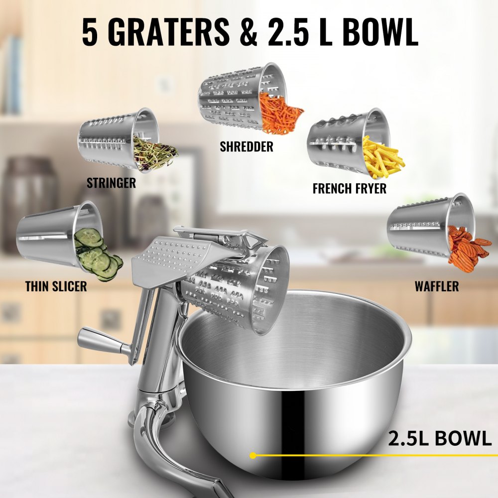VEVOR Rotary Cheese Grater, Zinc Alloy Rotary Vegetable Mandoline, Manual Cheese Mandoline with 5 Stainless Steel Cutting Cones, Manual Vegetable Grater with 2.5L Bowl, Rotary Shredder with Suction Ba