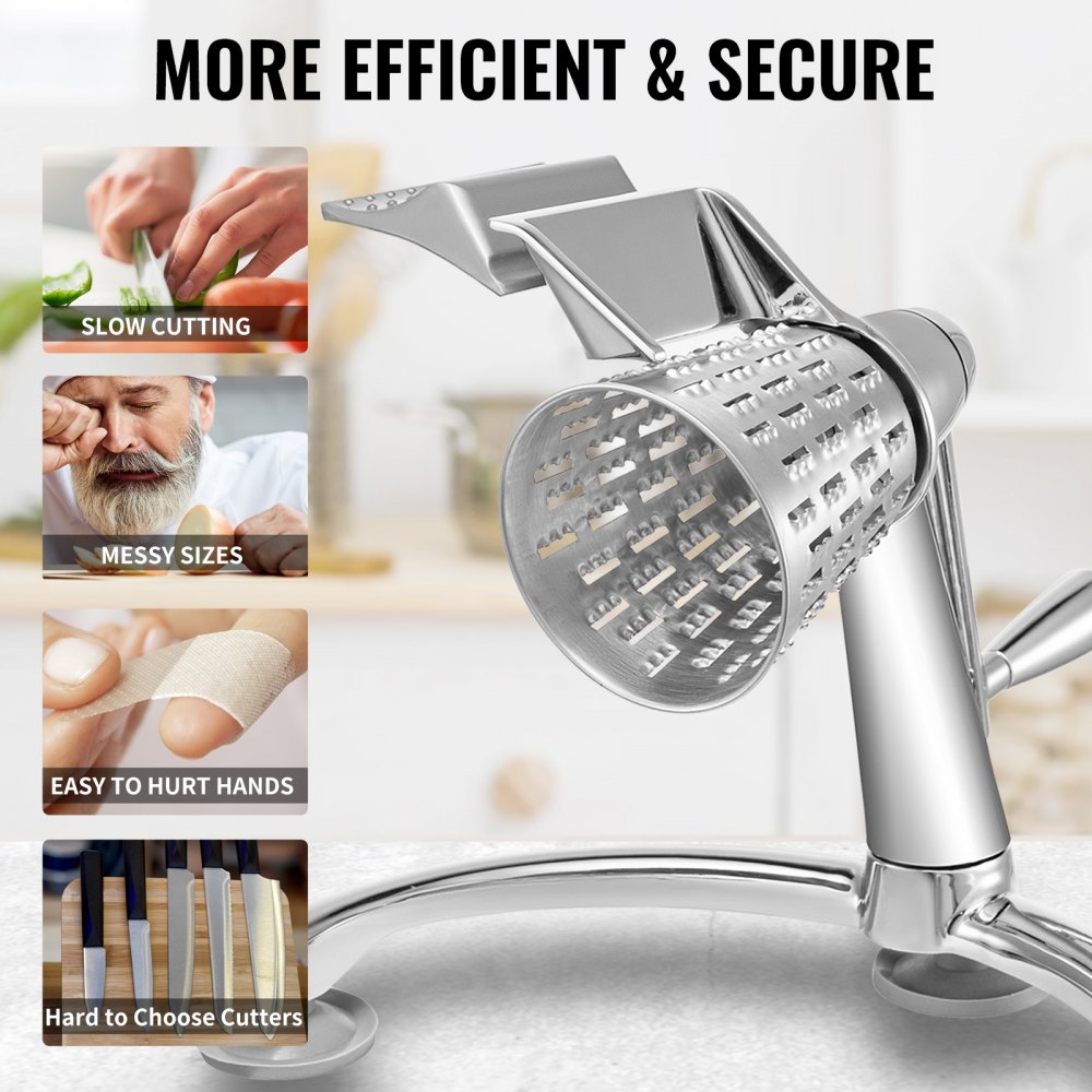 VEVOR Rotary Cheese Grater, Zinc Alloy Rotary Vegetable Mandoline, Manual Cheese Mandoline with 5 Stainless Steel Cutting Cones, Manual Vegetable Grater with 2.5L Bowl, Rotary Shredder with Suction Ba